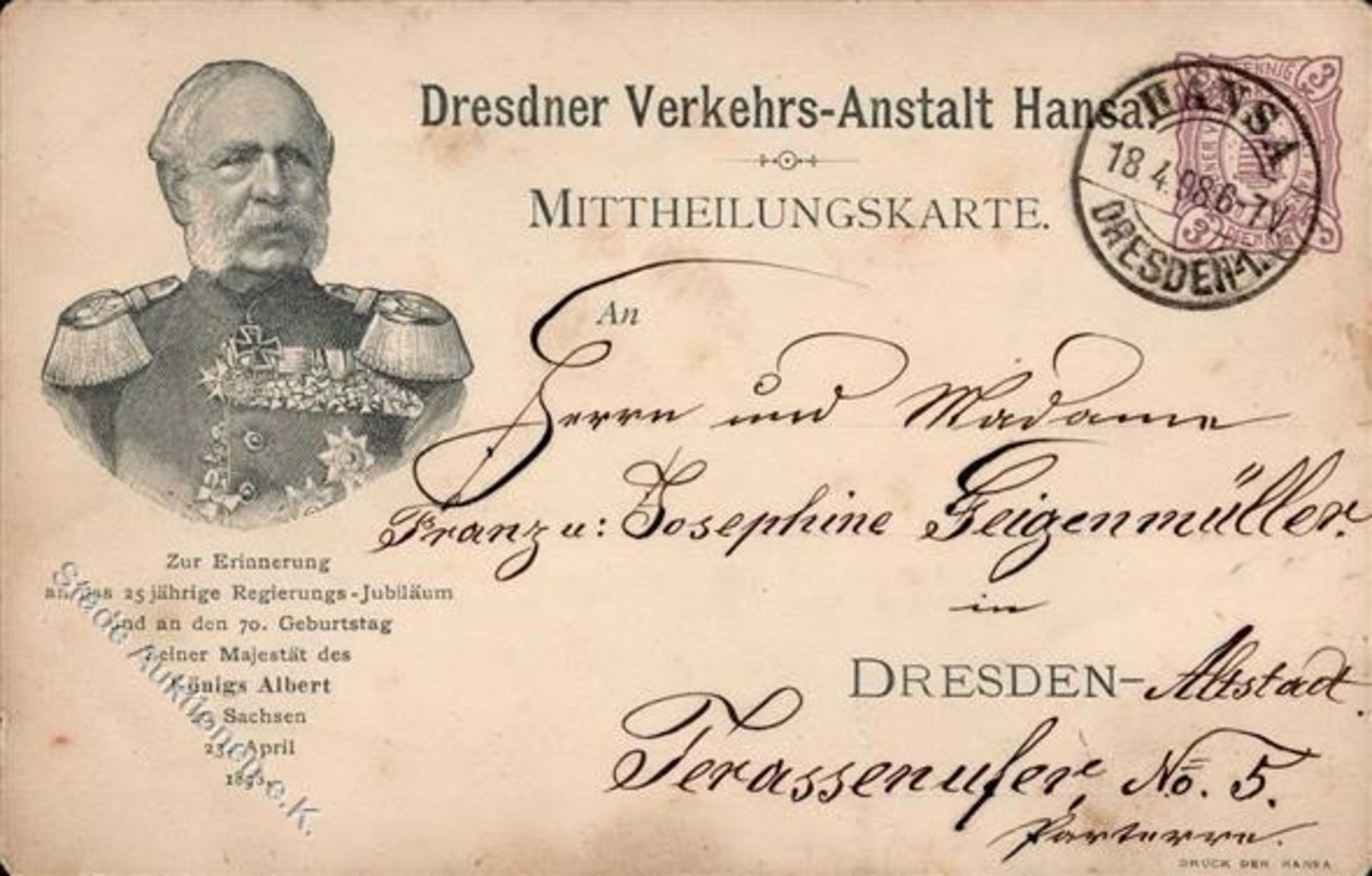 Stadtpost Dresdner Verkehrs Anstalt Hansa König Alber 1898 II (Stauchung, fleckig)Dieses Los wird in