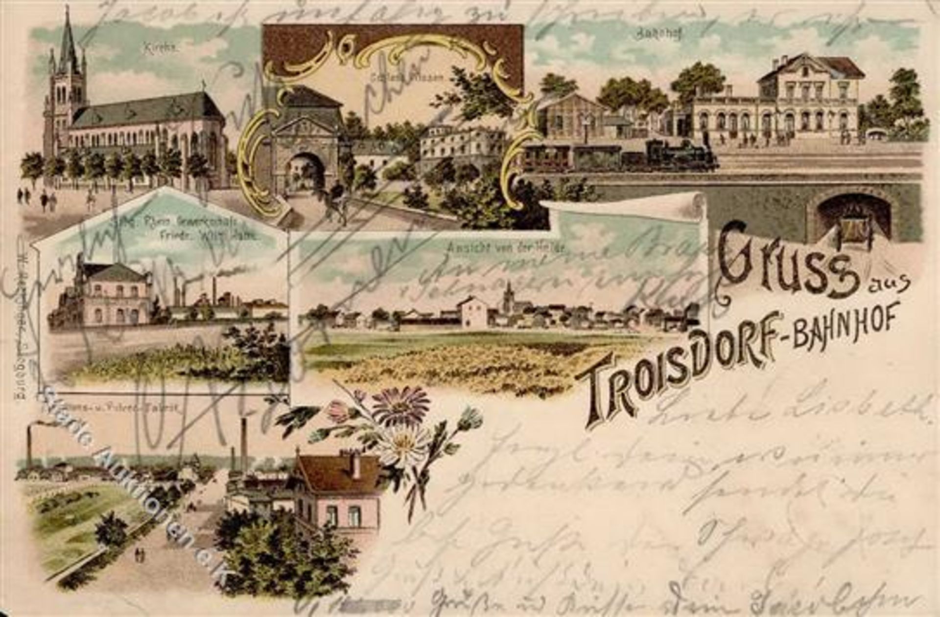 Troisdorf (5210) Kirche Bahnhof Eisenbahn Munitionsfabrik Lithographie 1899 II- (Fehlstelle,