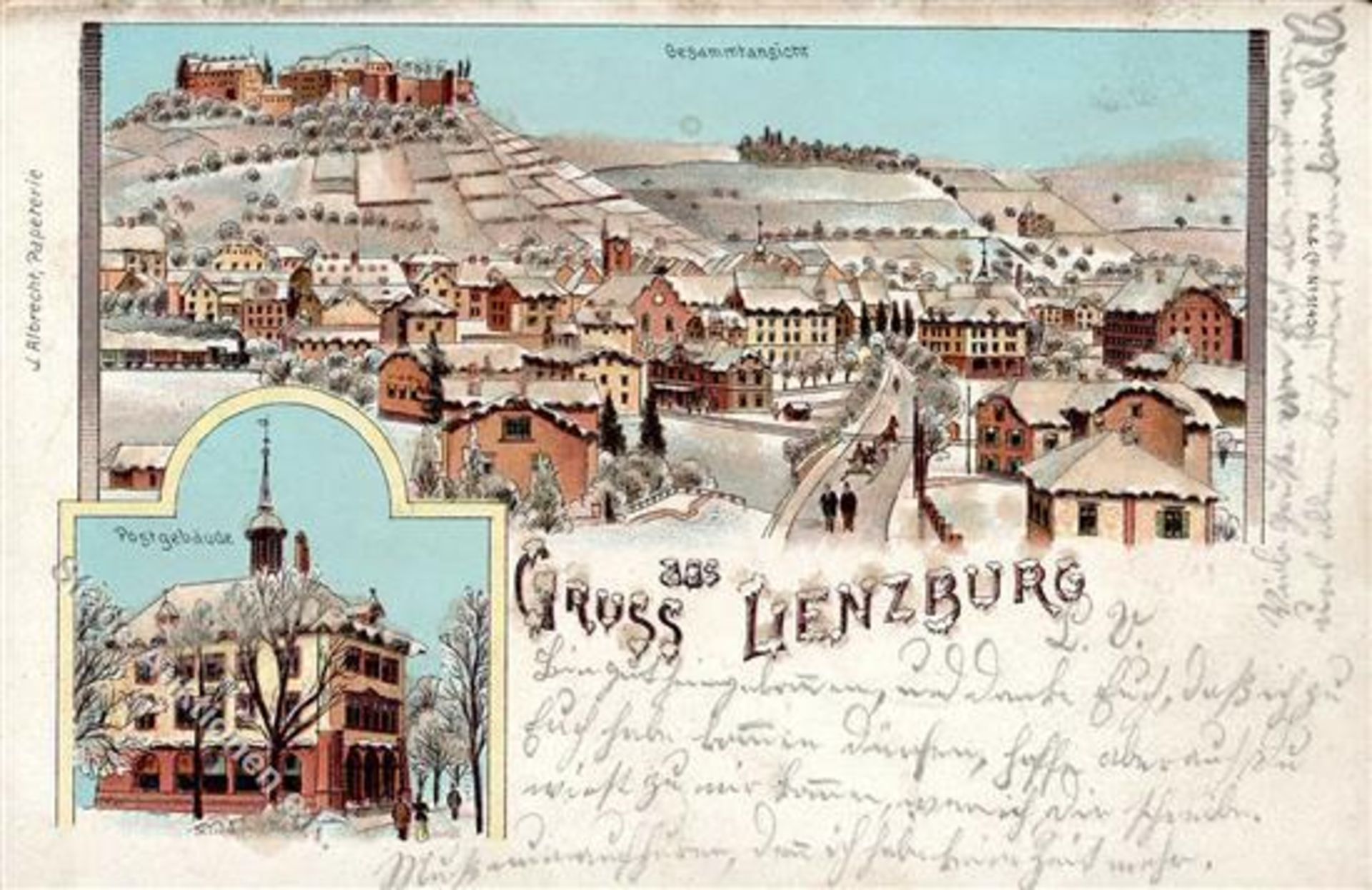 Lenzburg (5600) Schweiz Postamt Eisenbahn Glitzer-AK Winterlithographie 1901 I-IIDieses Los wird