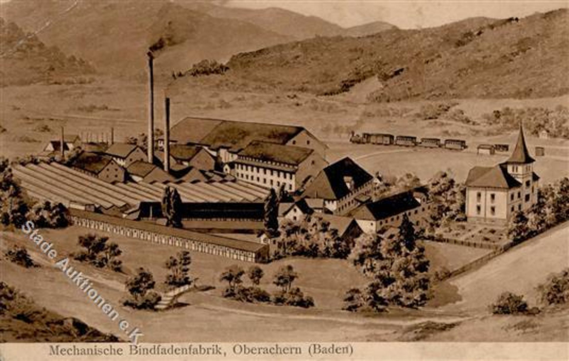 Oberachern (7590) Mechanische Bindfadenfabrik Eisenbahn Lithographie II (Eckbug, Marke entfernt)