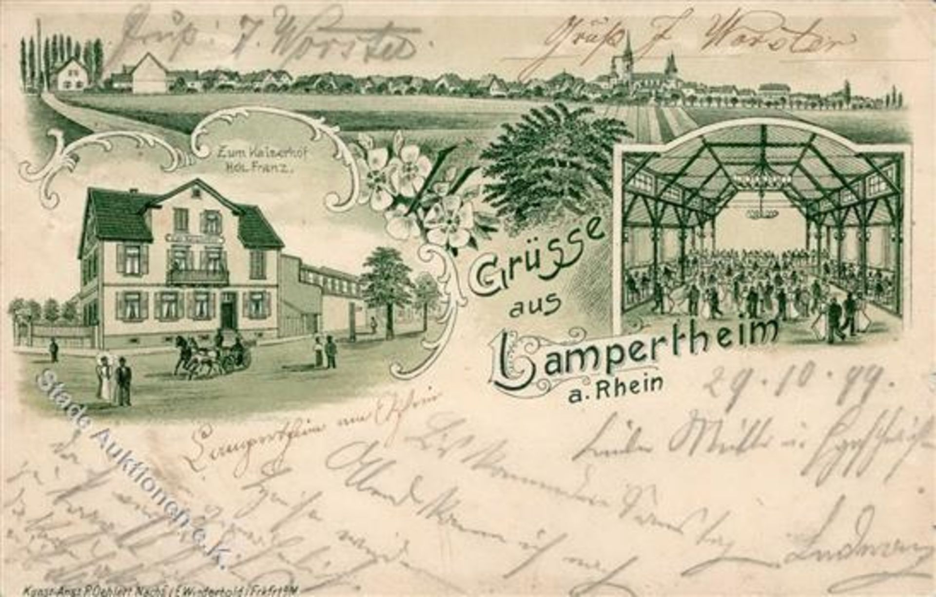 Lampertheim (6840) Gasthaus zum Kaiserhof Bahnpost Mannheim Worms Zug 604 Lithographie 1899 II (