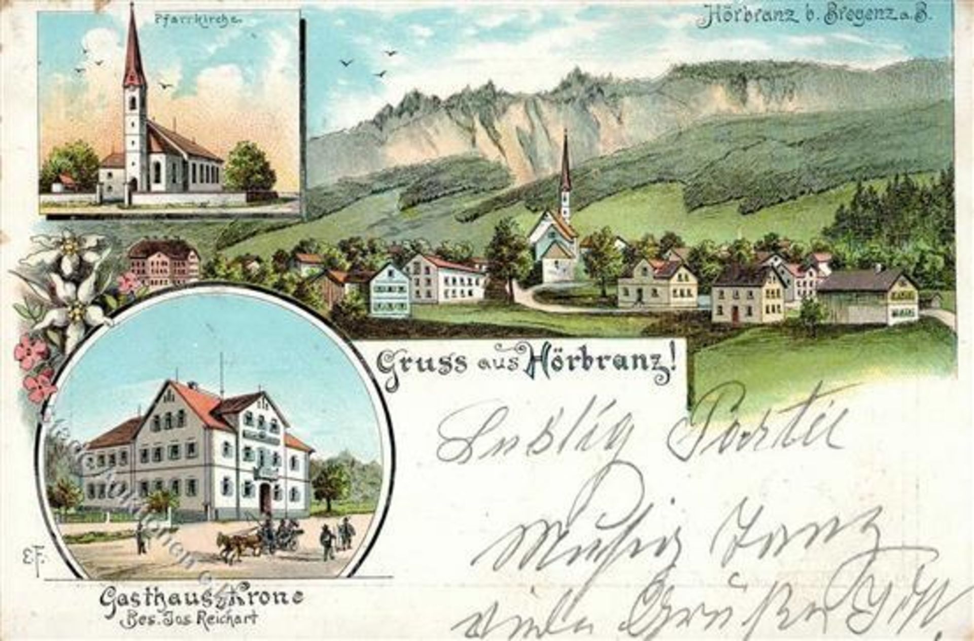Hörbranz (6912) Österreich Gasthaus zur Krone J. Reichart Kirche 1899 II (Stauchung, Abschürfung