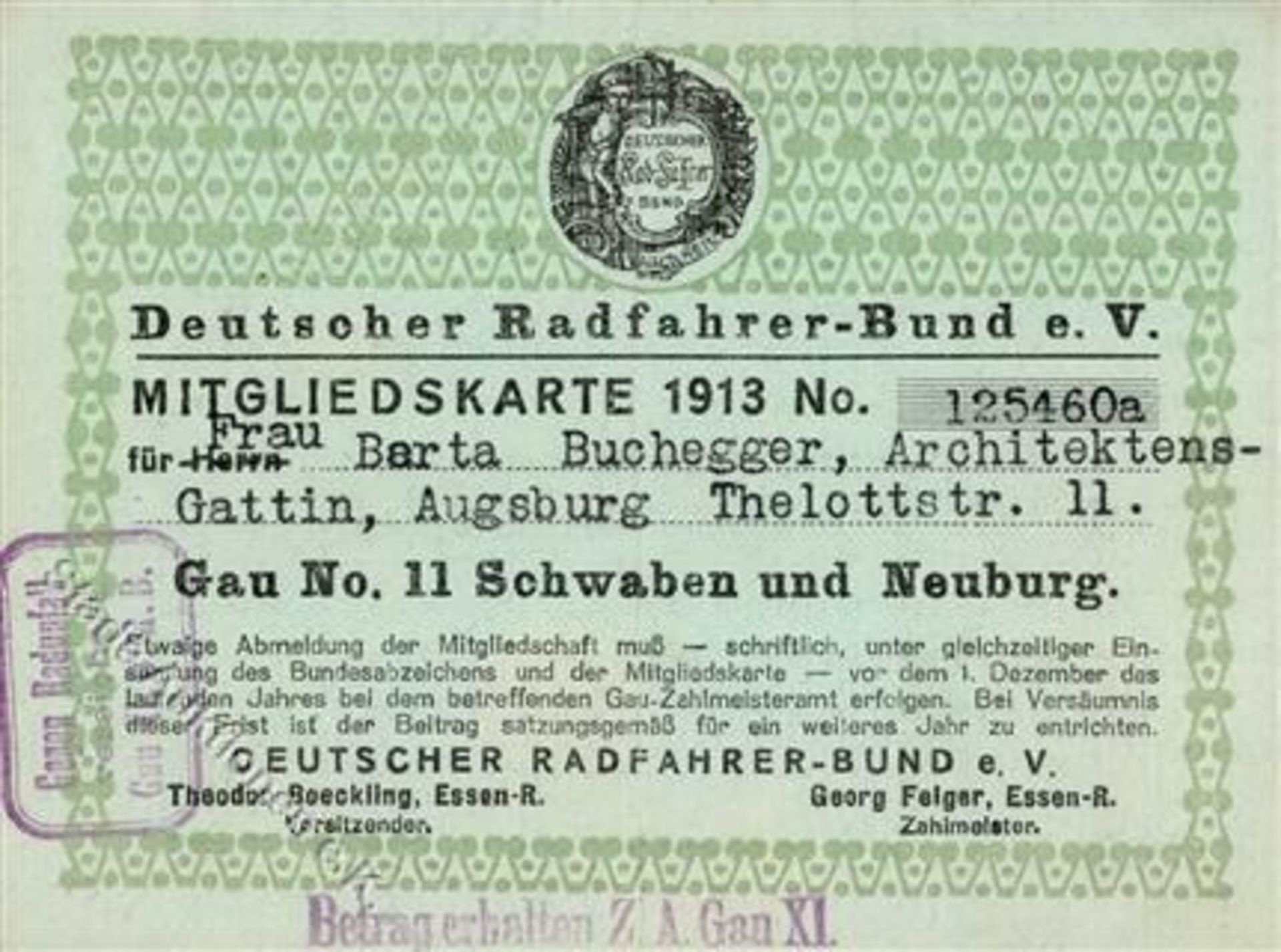 Fahrzeuge,Fahrrad,FahrraederFahrrad Deutscher Radfahrer Bund Mitgliedskarte 1913 I-IIDieses Los wird
