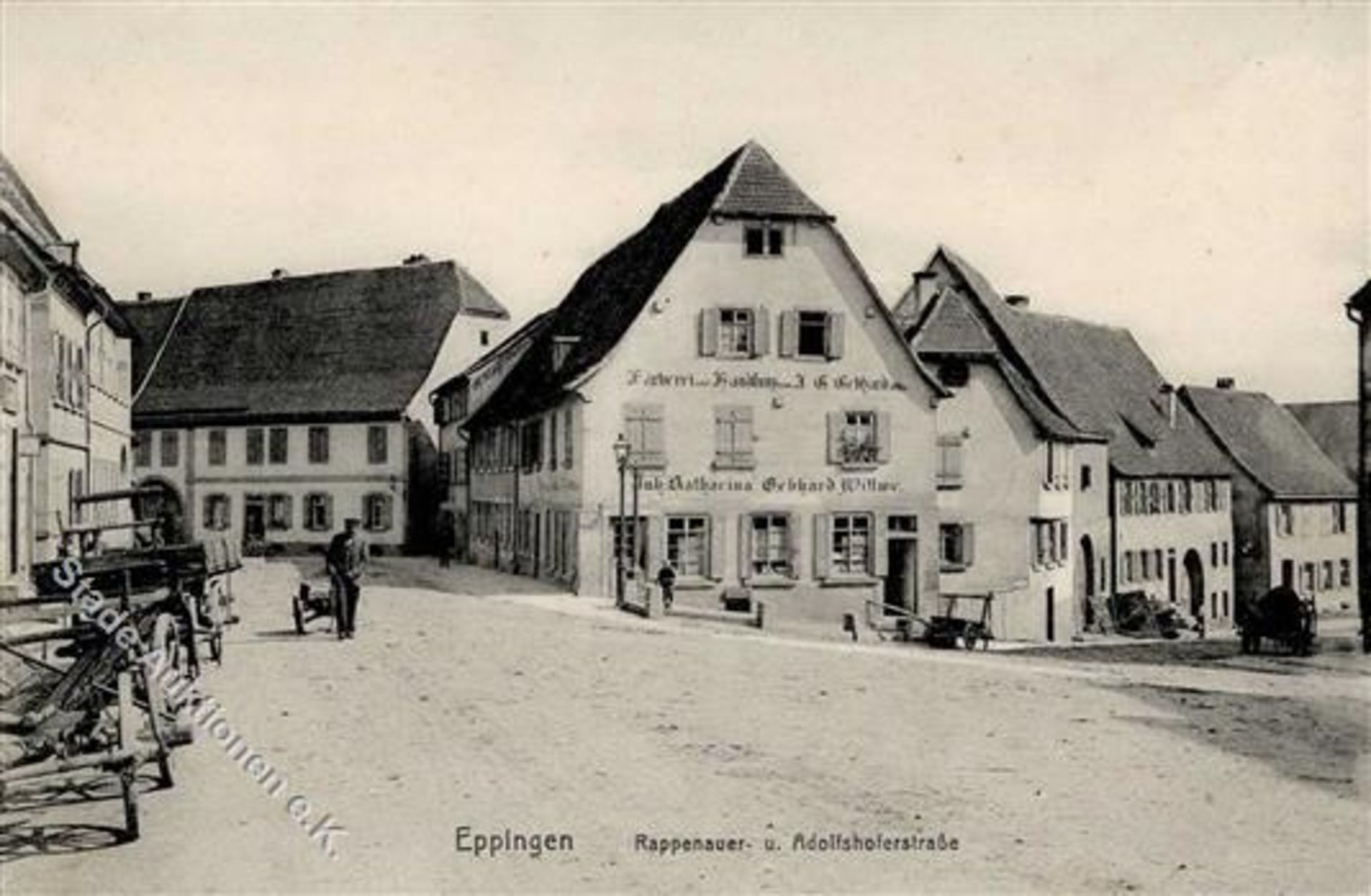 Eppingen (7519) Rappenauer-und Adolfshoferstrasse Färberei und Handlung Gebhard I-II (Ecken