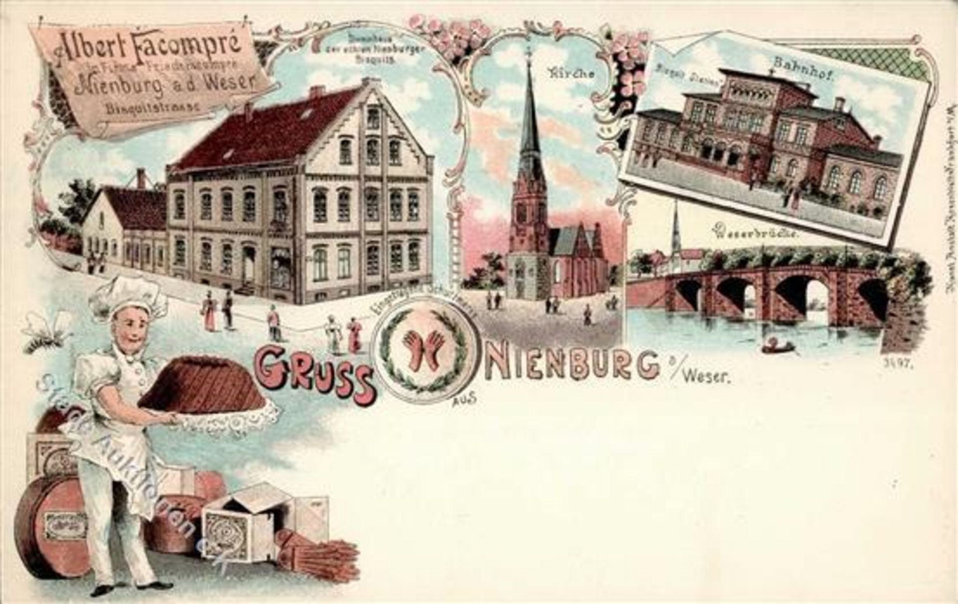 Nienburg (3070) Bahnhof Bisquitstrasse Bisquithandlung Facompre Lithographie I-Dieses Los wird in