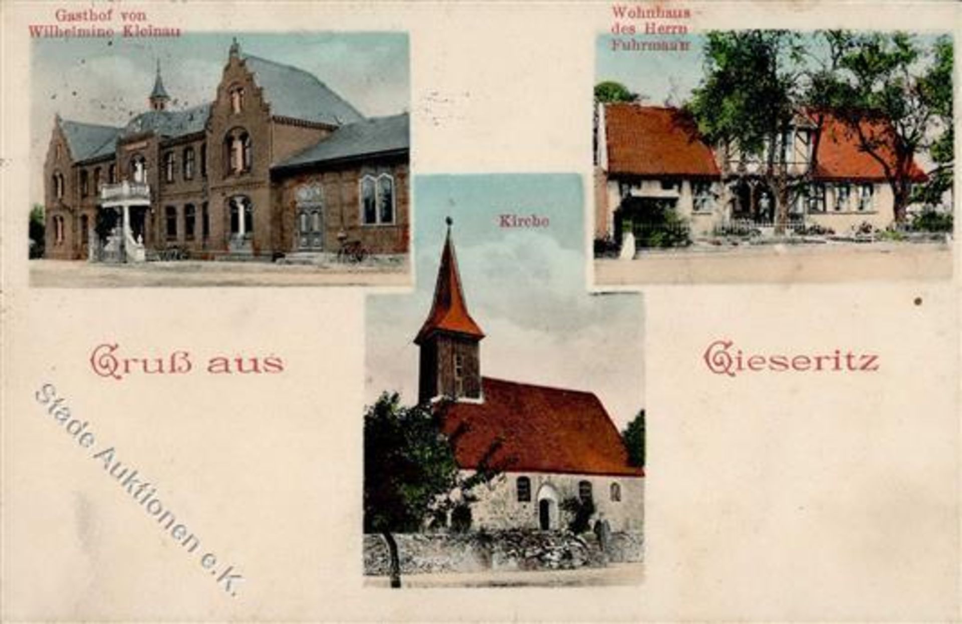 Gieseritz (O3561) Gasthaus Kleinau Wohnhaus des Herrn Fuhrmann Kirche 1913 I-II (fleckig)Dieses