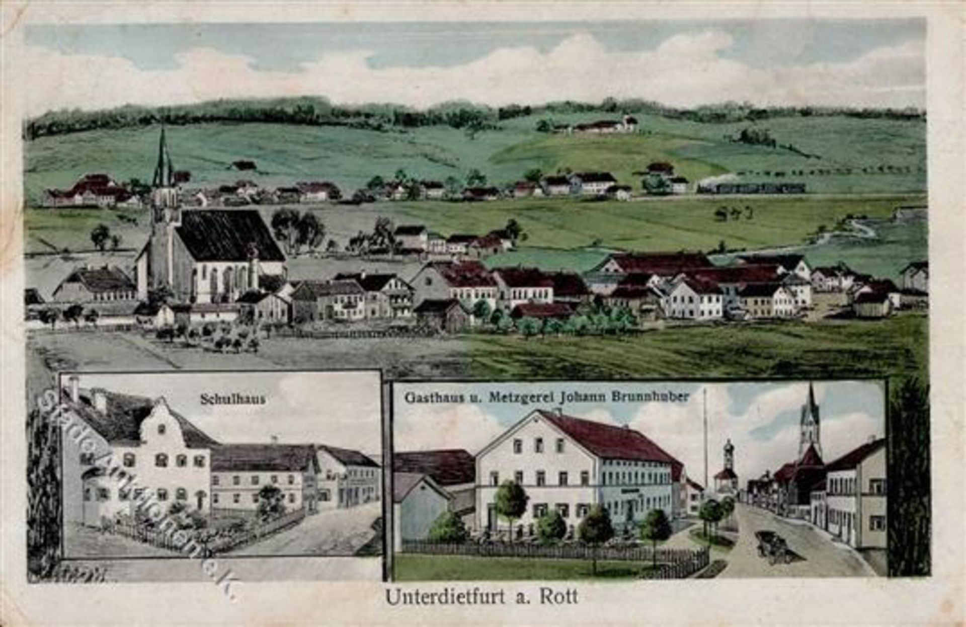 Unterdietfurt (8339) Gasthaus und Metzgerei Brunnhuber Schule Verlag Pernat II (Marke entf., Eckbug,