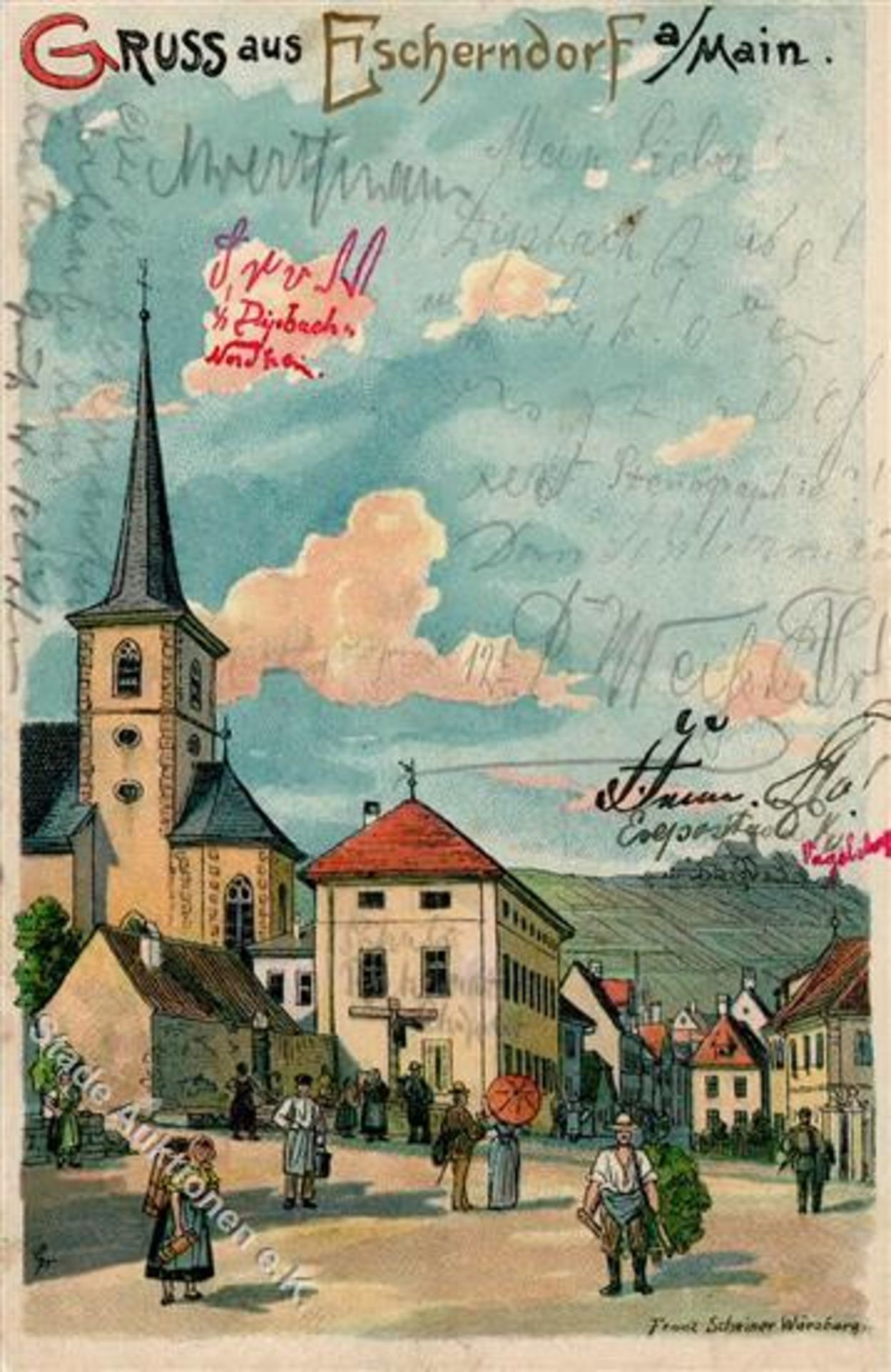 Escherndorf (8712) Kirche Marktplatz sign. Franz Scheiner Würzburg Künstlerkarte 1900 I-IIDieses Los