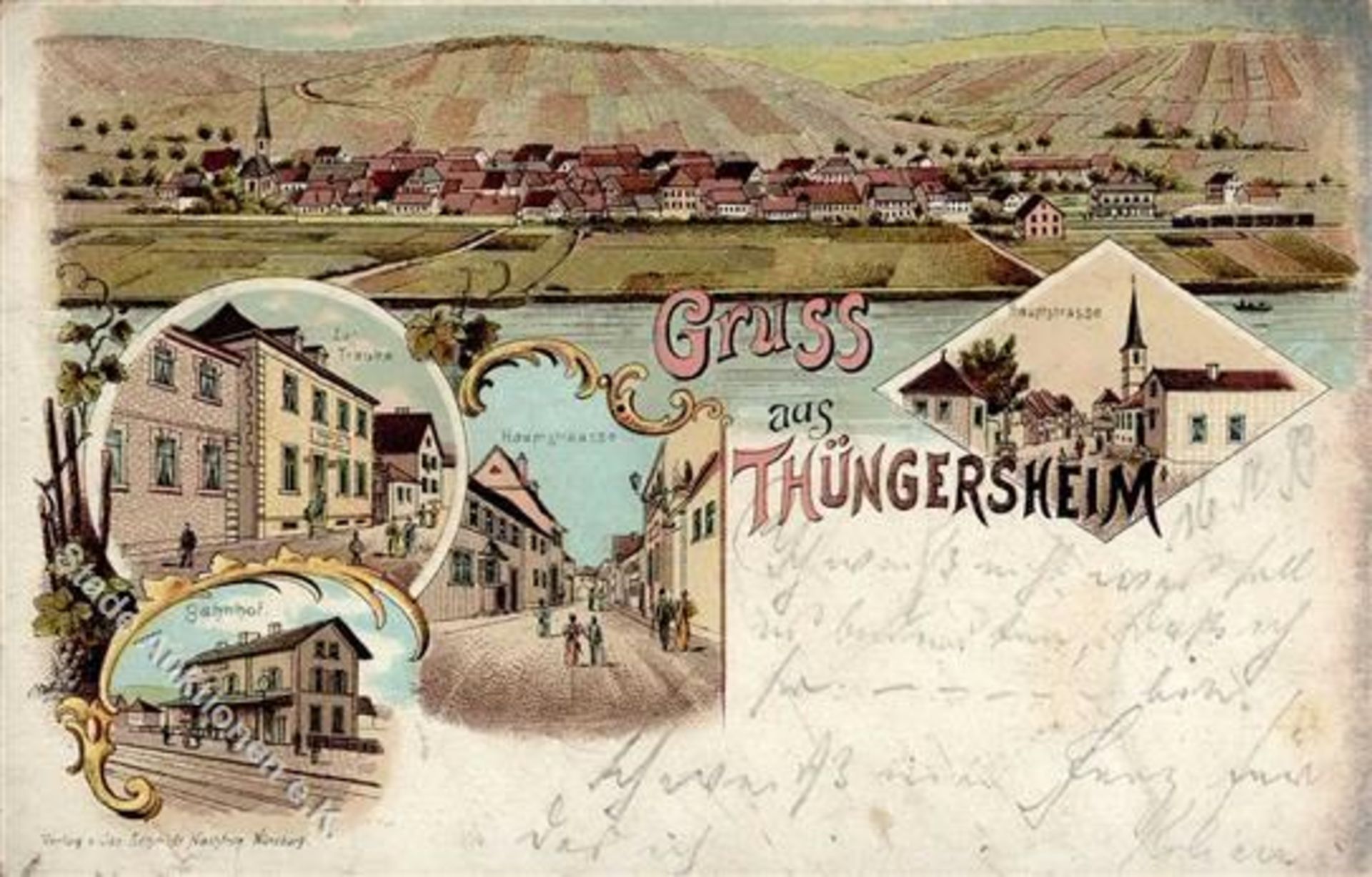 Thüngersheim (8702) Gasthaus zur Traube Bahnhof Eisenbahn Lithographie 1898 II- (Repariert)Dieses