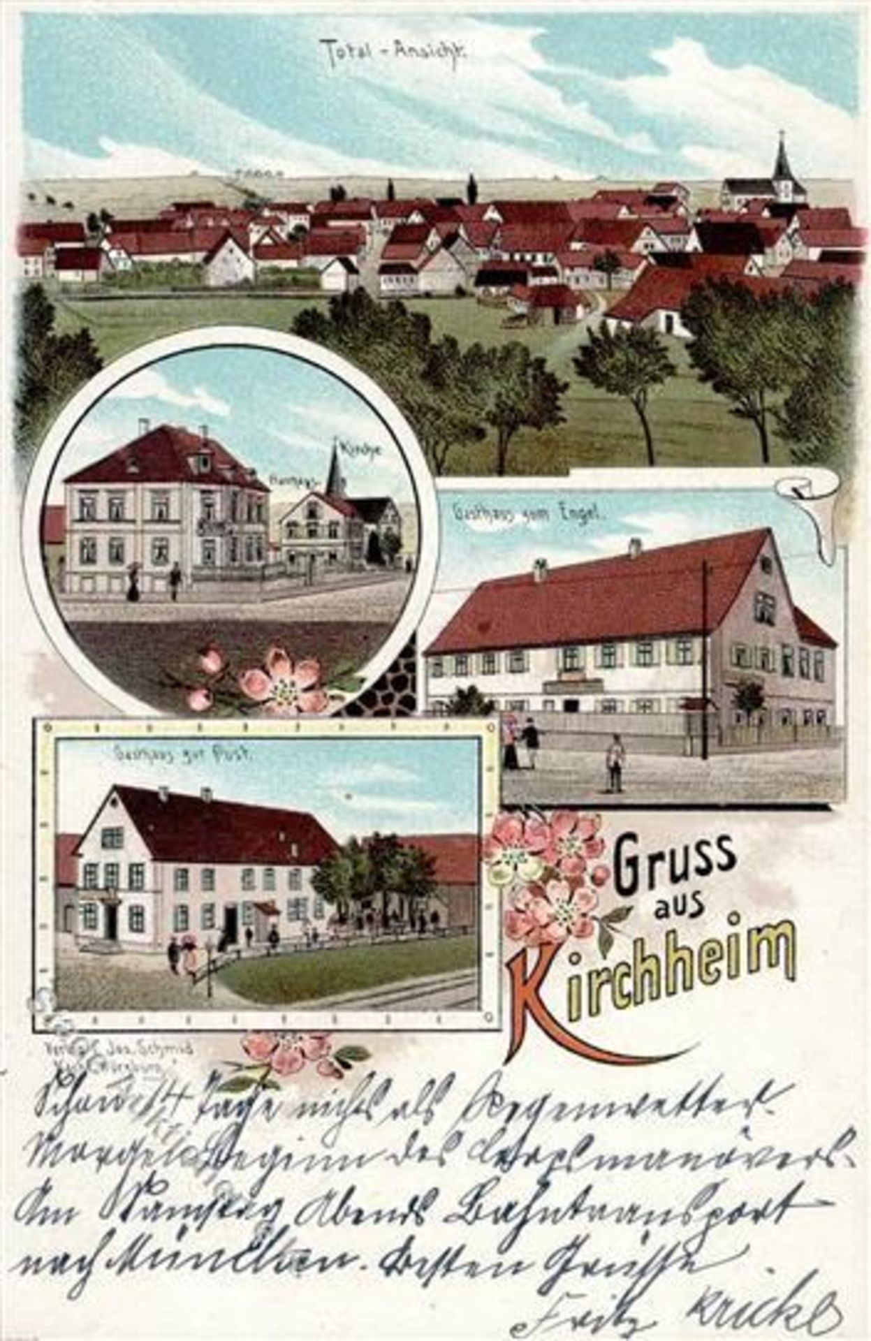 Kirchheim (8701) Gasthaus zum Engel Gasthaus zur Post Lithographie 1901 IDieses Los wird in einer