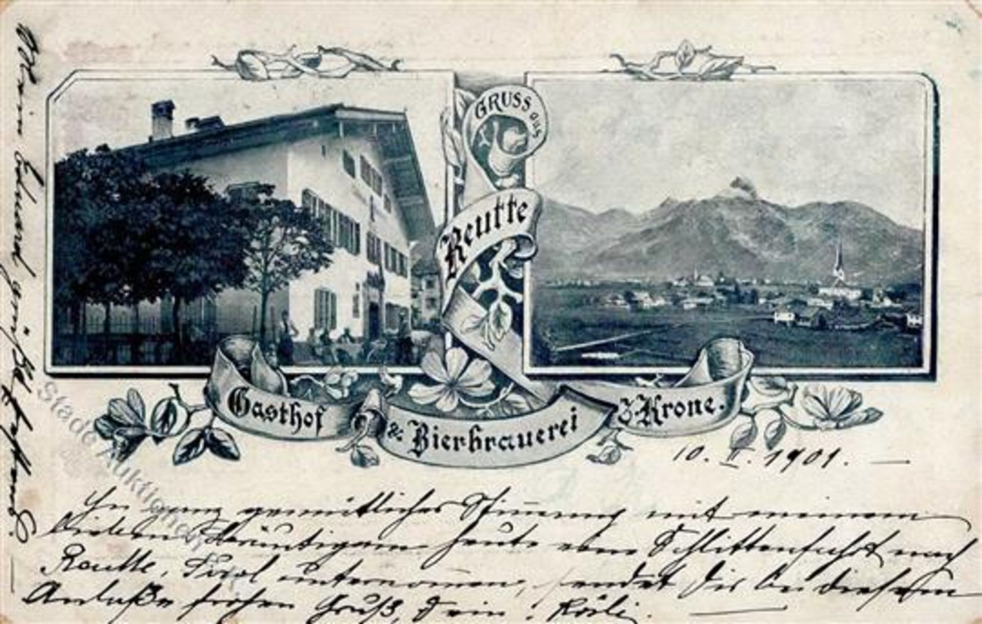 Reutte (6600) Österreich Brauerei Gasthaus zur Krone Kirche 1901 II (Stauchung, Abschürfung RS)