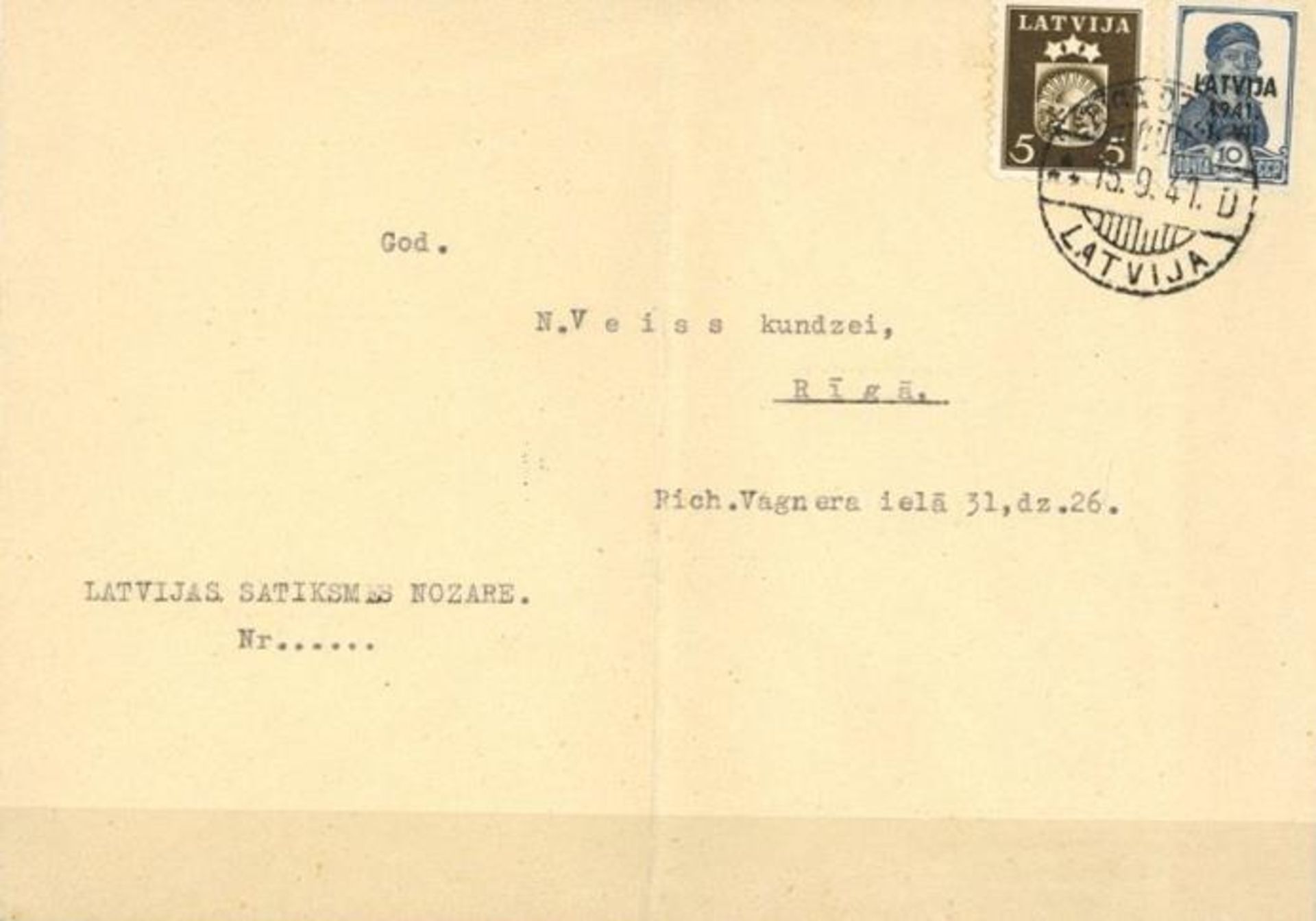 Deutsche Besetzung WKII Lettland 1941 Ortsbrief von Riga mit Mischfrankatur Lettland und Deutsche