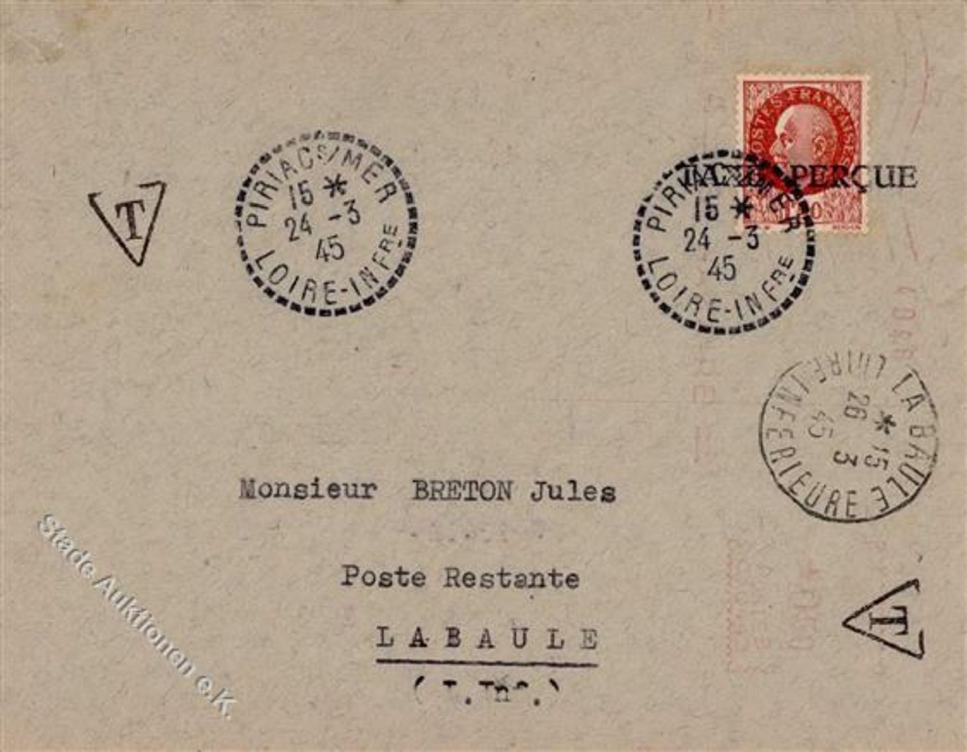 Frankreich Libération 1945 Brief von Piriac sur Mer nach La Baule, Frankatur mit Aufdruck TAXE
