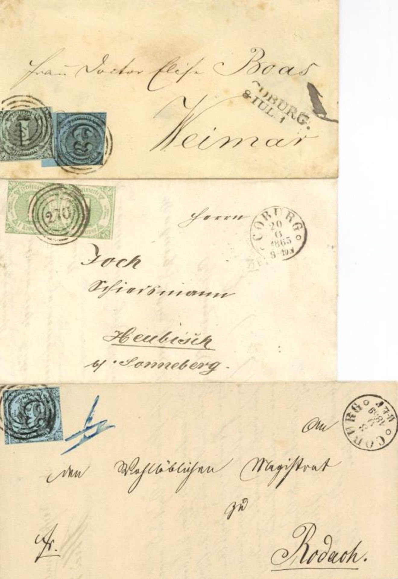 Thurn und Taxis 1859/65 3 Briefe von Coburg nach Weimar, Heubisch bei Sonneberg und Rodach, Marken