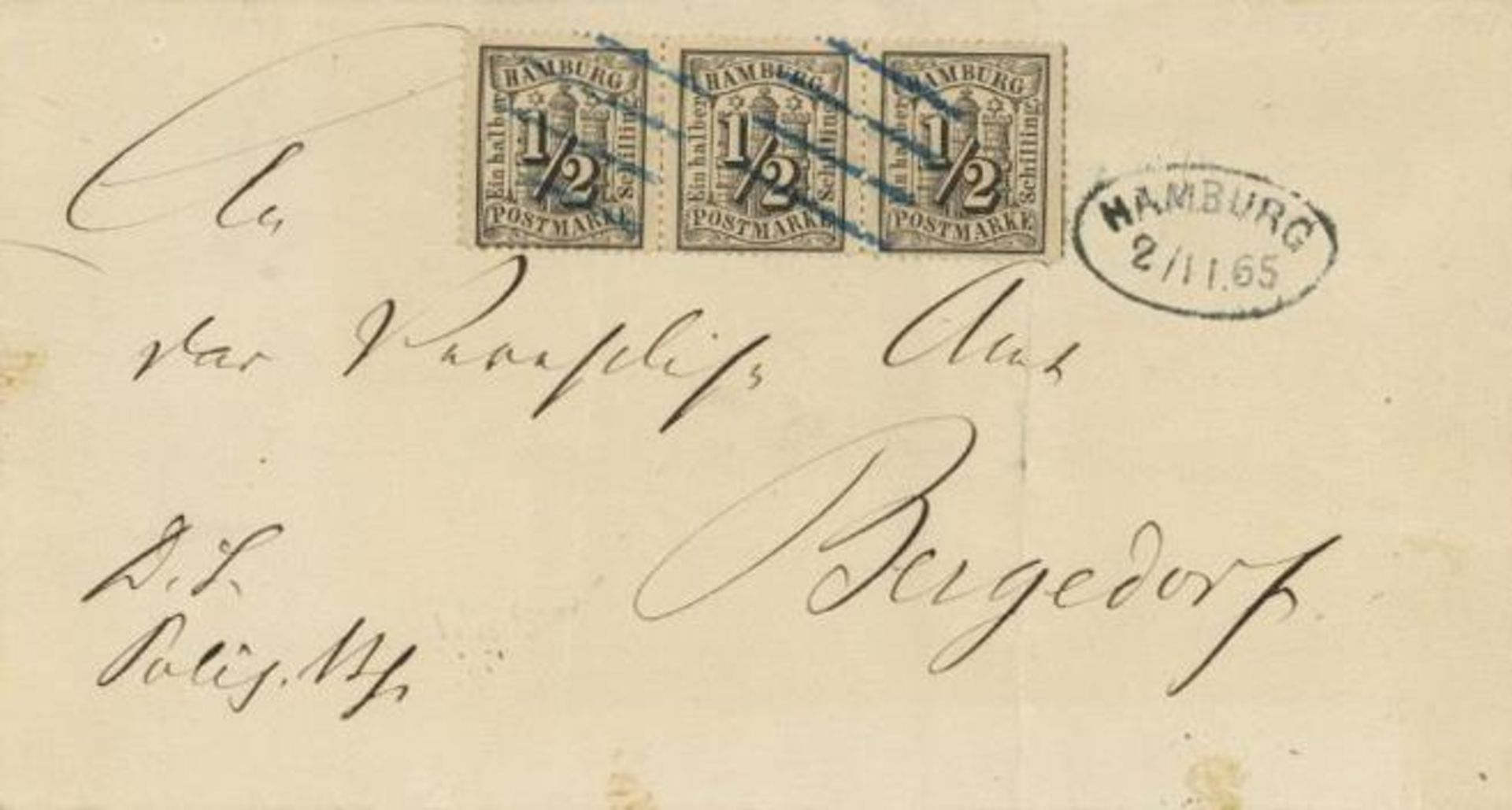 Hamburg 1865 Briefhülle mit Dreierstreifen Mi. 10 von Hamburg nach Bergedorf, rückseitig mit