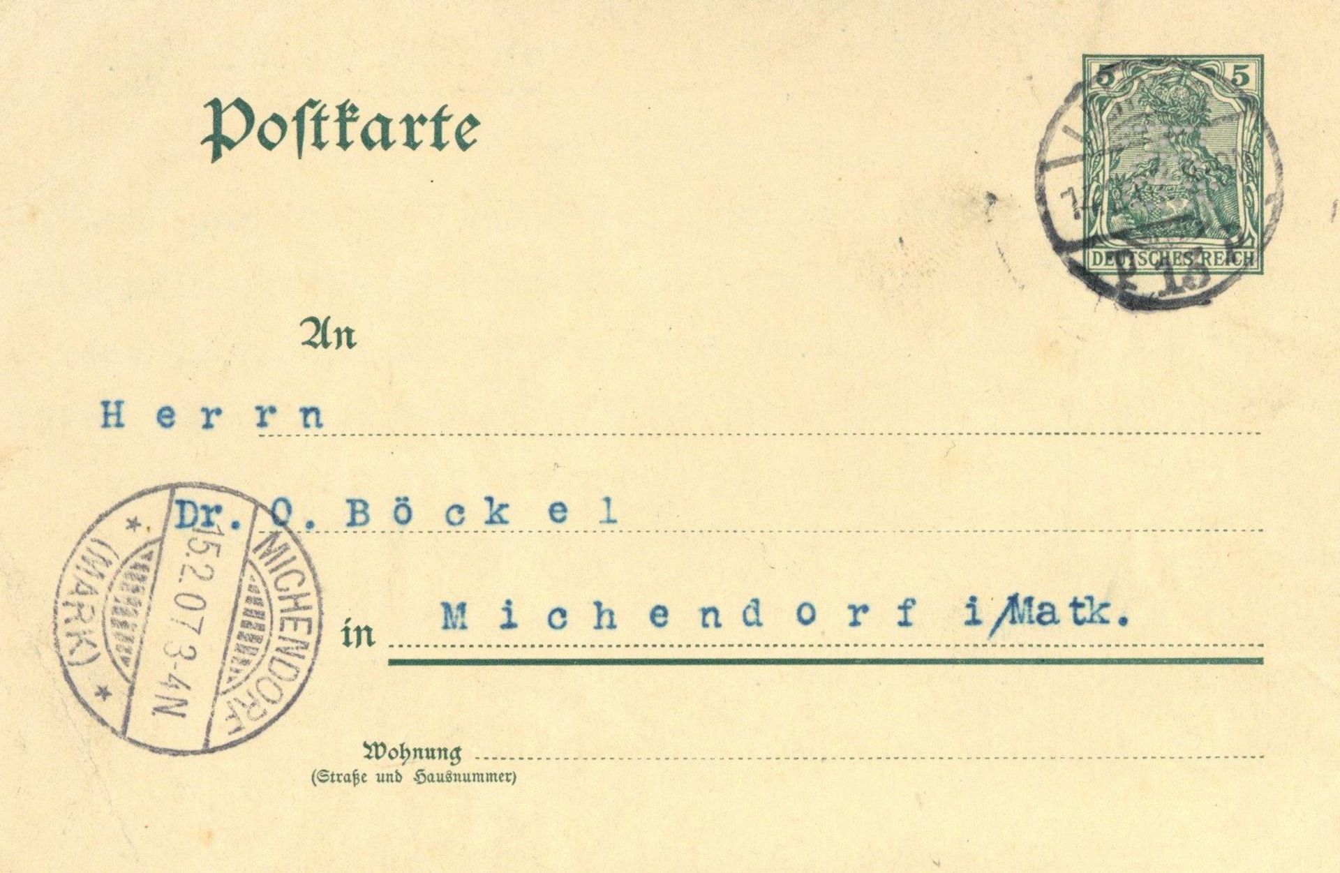 Deutsches Reich Ganzsache 1907 P 73 von Leipzig mit PERFIN nach Michendorf, minimal bügig, selten