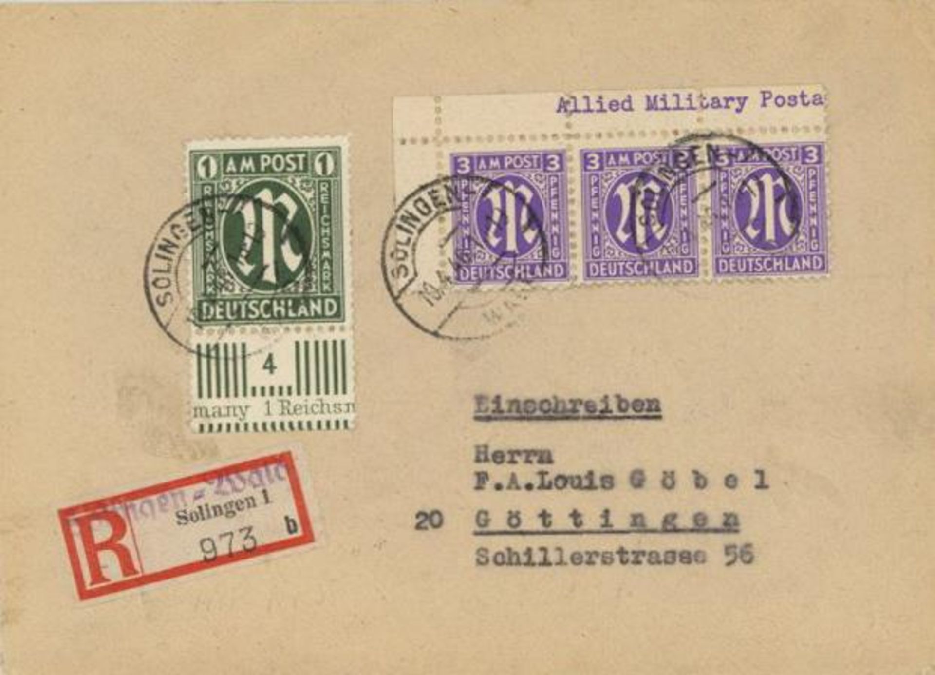 Bizone 1946 R-Brief von Solingen-Wald nach Göttingen mit sehr guter Frankatur, minimal
