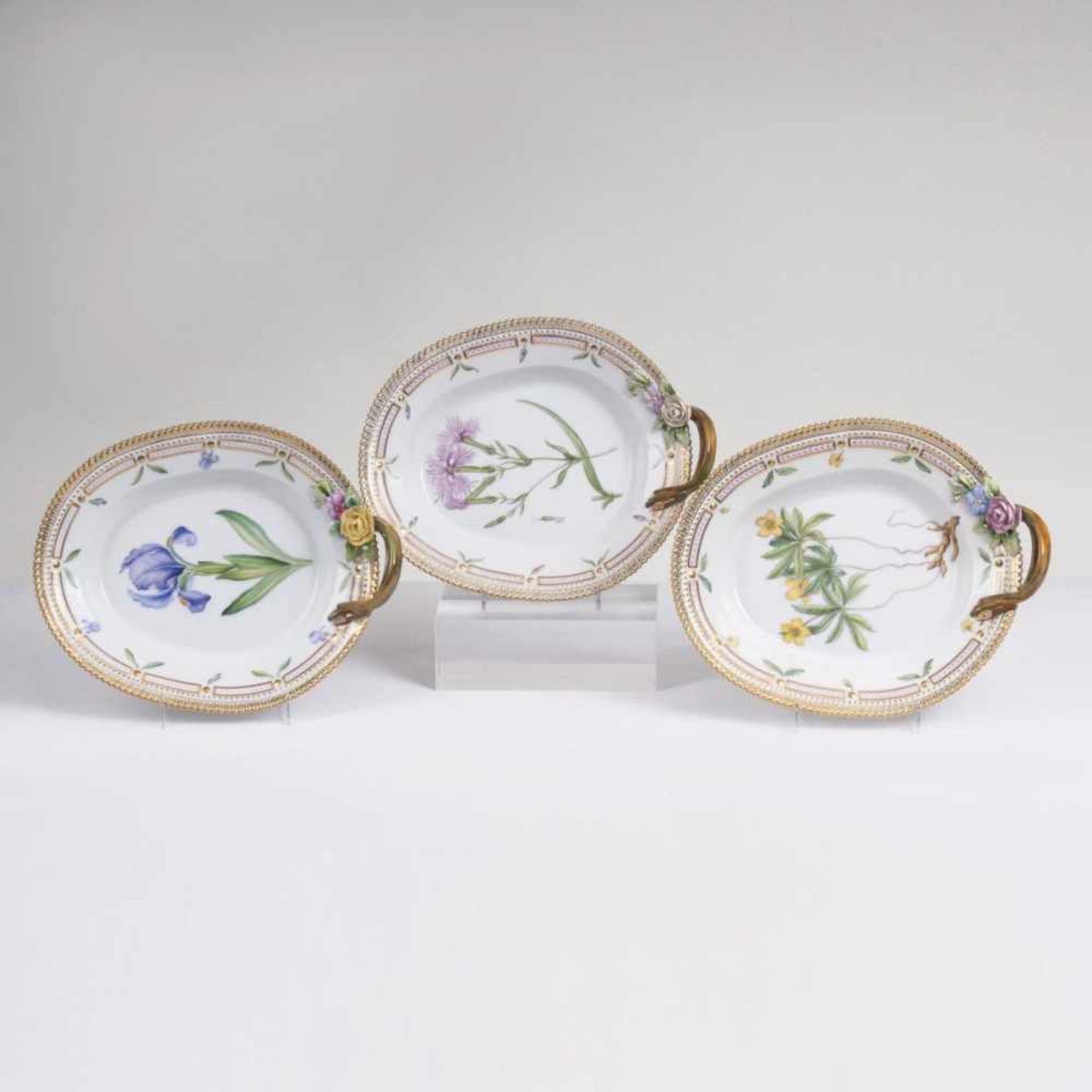 Three oval Flora Danica Dishes with Branch Handles and Botanical SpecimensRoyal Copenhagen, 1990s.