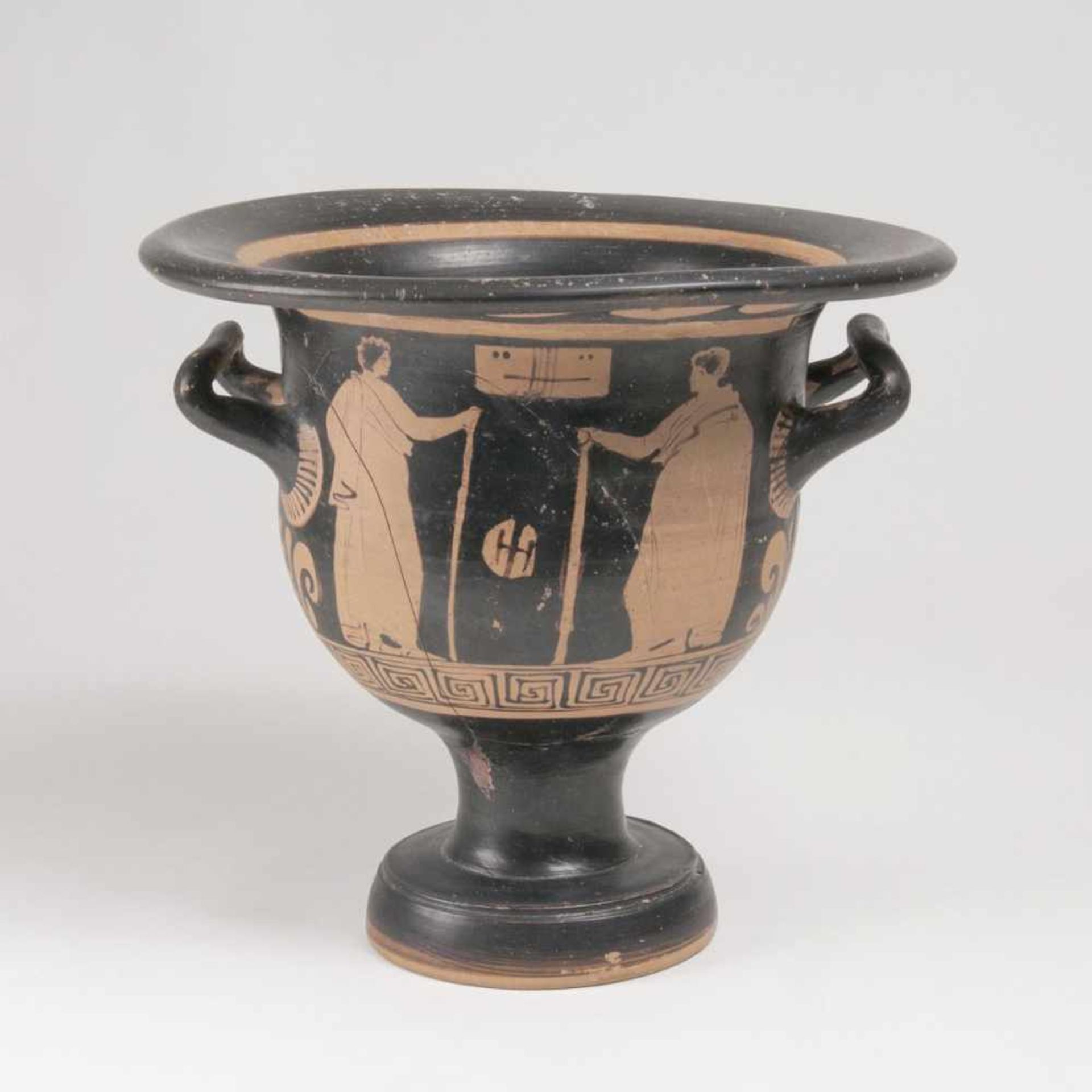 An Apulian Red-Figured Bell KraterCa. mid 4th cent. B.C. Terrakotta. The obverse with a draped