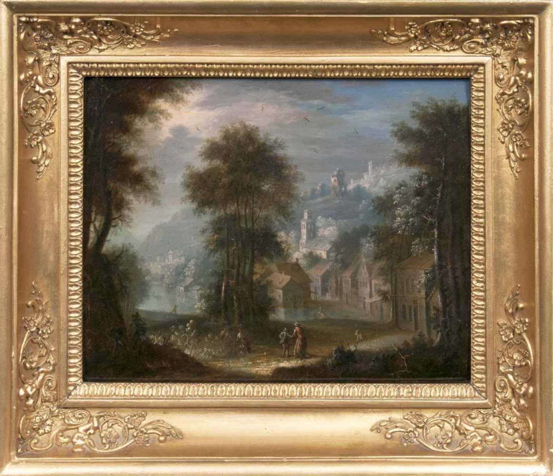 Flemish school17th cent.View of a Town in a River Valleyc. 1650, oil/wood, 27 x 35 cm, on the - Image 2 of 2