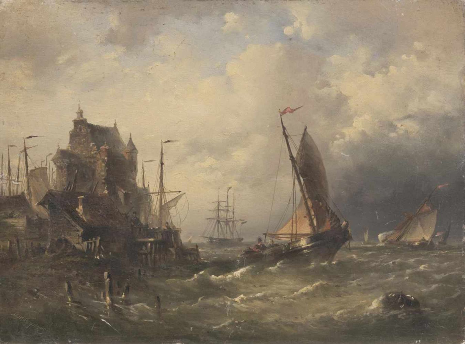 Wijdoogen, Nicolas Martinus(Amsterdam 1824 - Amsterdam 1898)Harbour TownOil/wood, 25,5 x 34 cm,