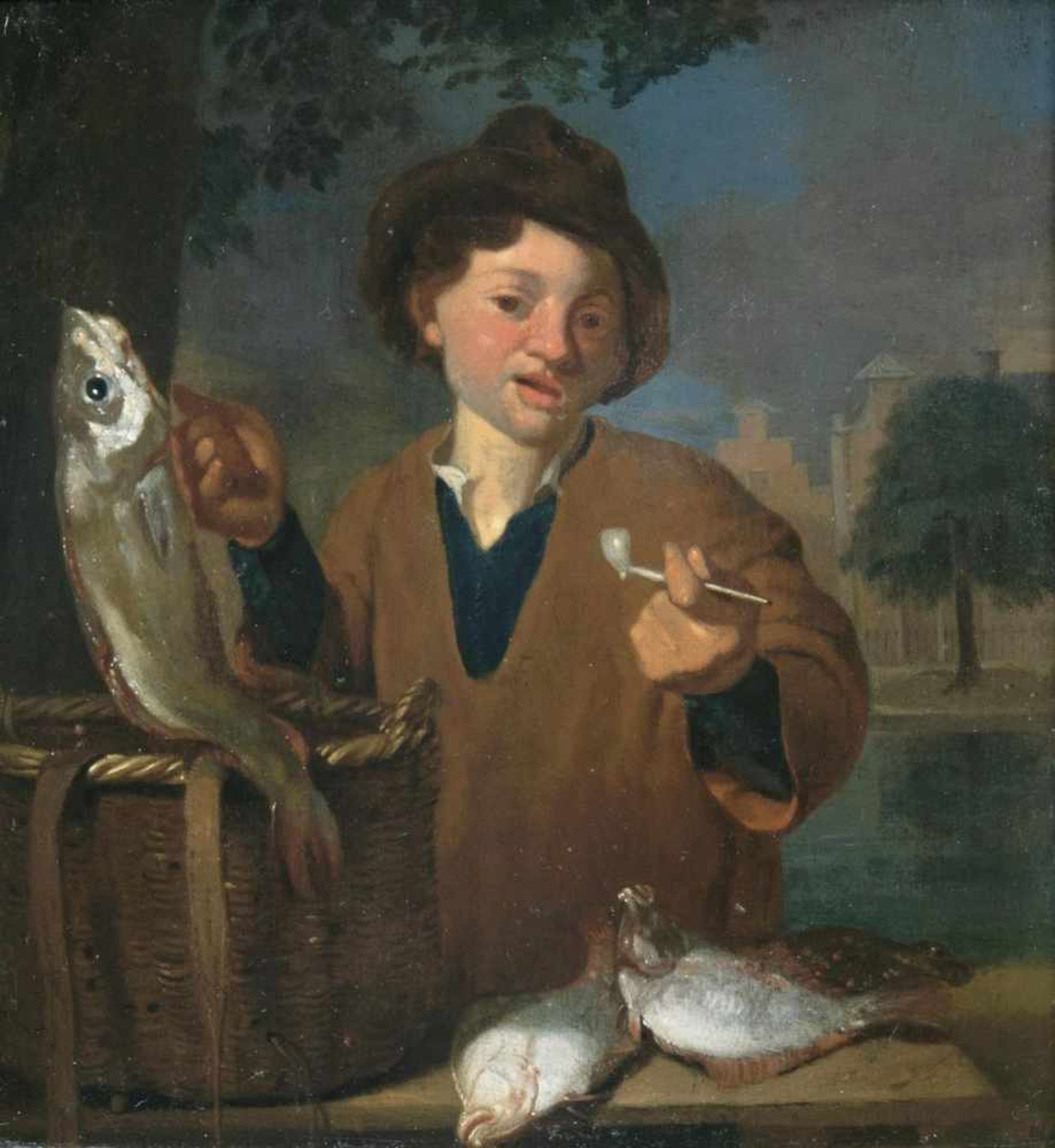 Brekelenkam, Quiringh van(1622 - Leiden 1668), attr.Young FishmongerOil/wood, 28,5 x 25,5 cm, on the