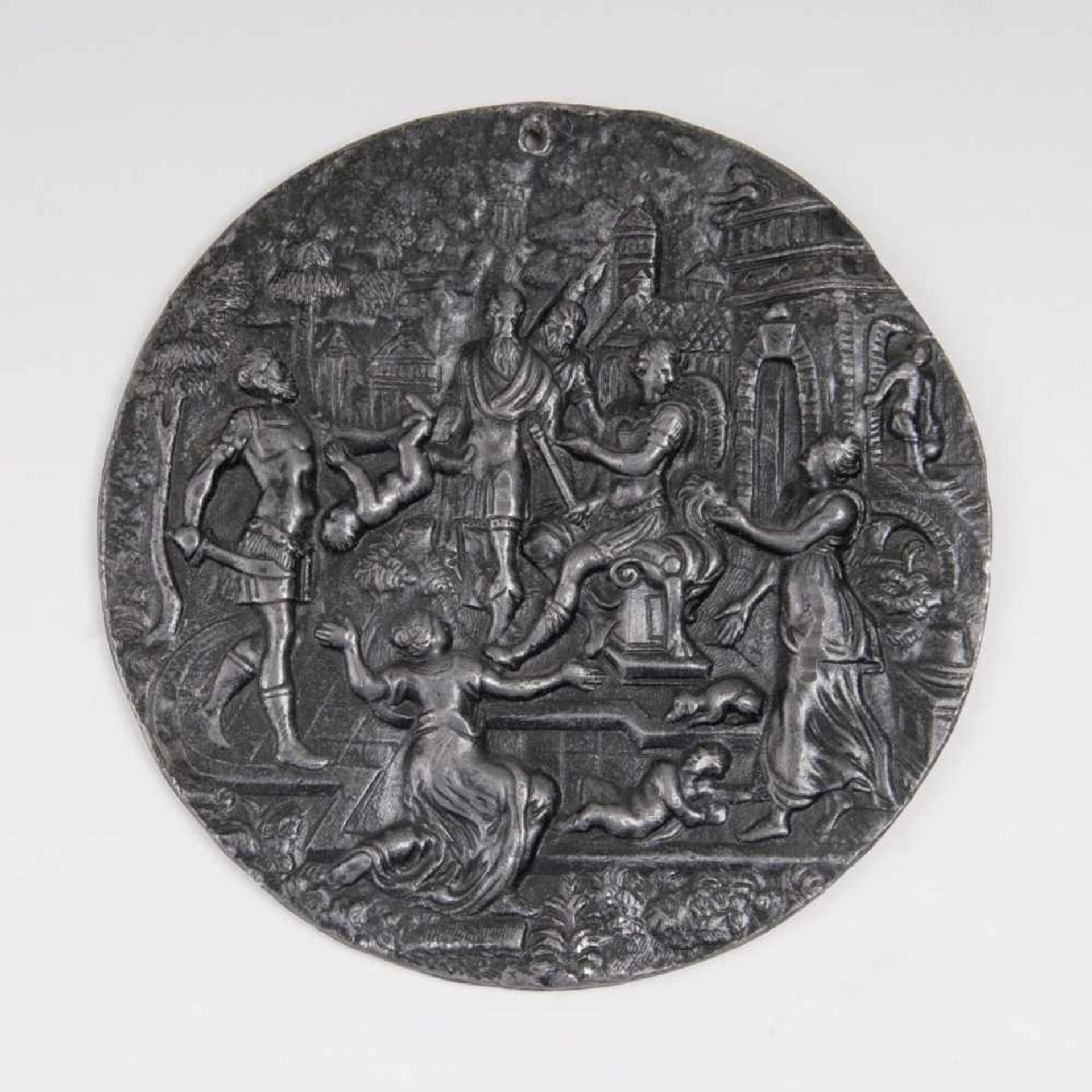 A Reliefed Plaque 'The Judgment of Solomon'Netherlands or Southern Germany, late 16th cent. Lead.