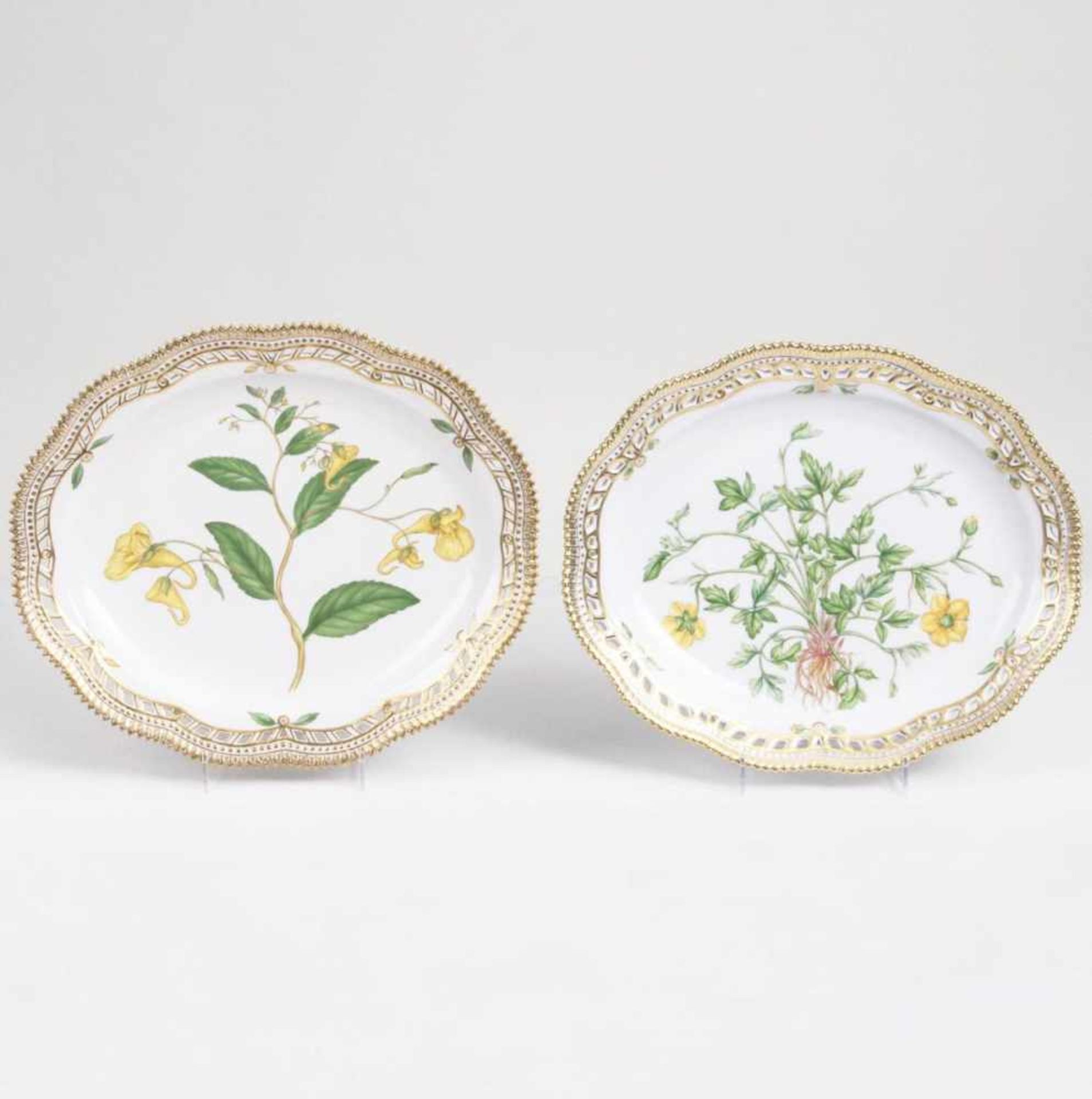 A Pair of small Oval Flora Danica Dishes with Botanical SpecimensRoyal Copenhagen, 1990s. Polychrome