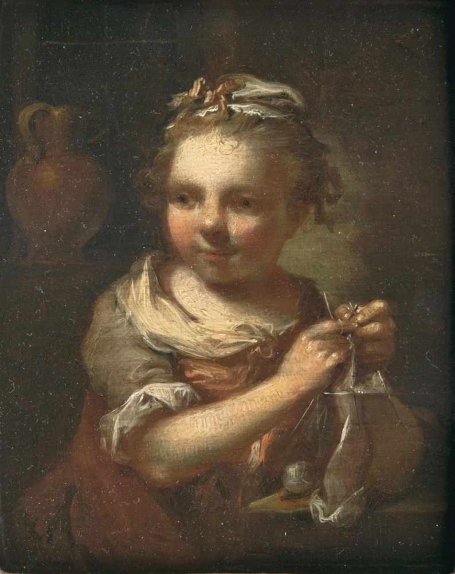 Seekatz, Johann Conrad(Grünstadt 1719 - Darmstadt 1768)Knitting GirlOil/wood, 15 x 12 cm, on the