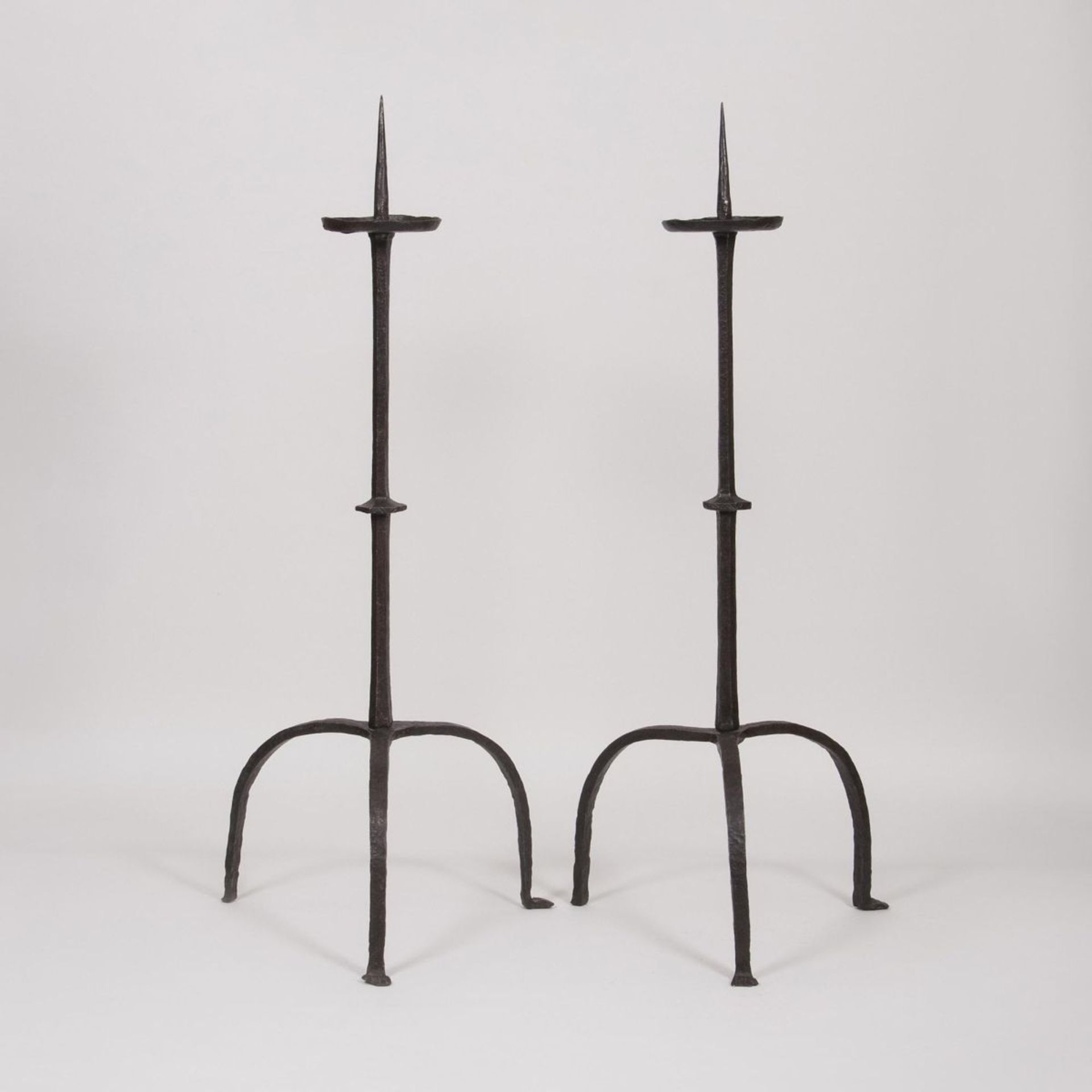 A Pair of large Gothic Wrought Iron CandelabrasSquare wrought iron shaft onto a tripod stand with
