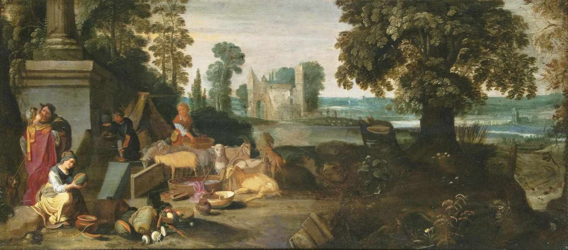 Lint, Pieter van(Antwerpen 1609 - Antwerpen 1690), circle ofBucolic IdylOil/wood, 53 x 119 cm,