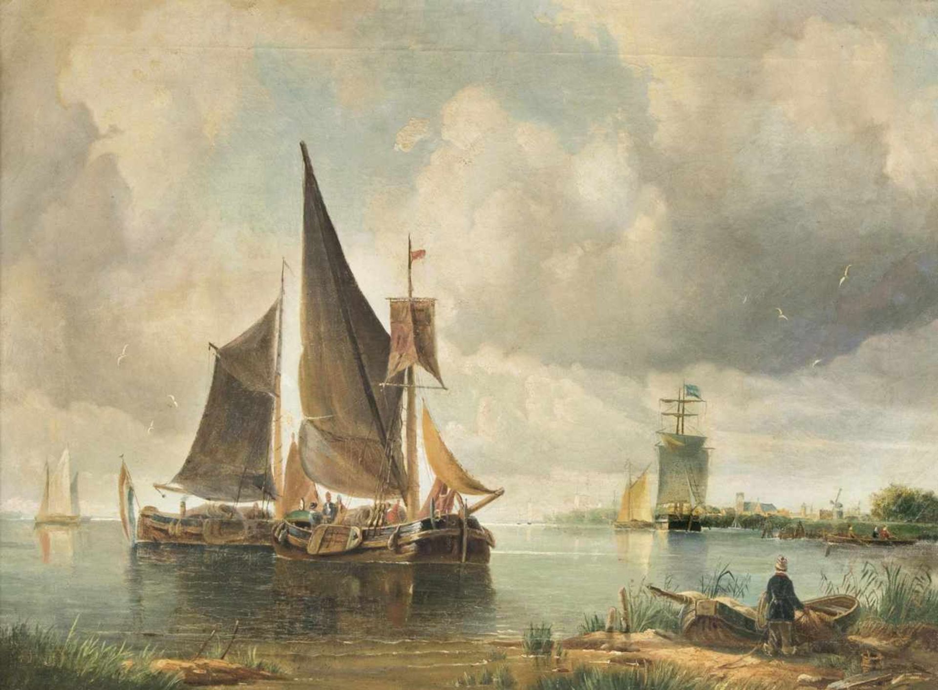 Dutch Masteractive mid 19th cent.Ships by the CoastOil/canvas, 62,5 x 84 cm, some rest., relined. -