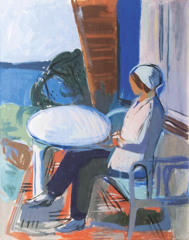 Erich Hartmann(Elberfeld 1886 - Hamburg 1974)Auf der TerrasseGouache, 90 x 70 cm, unter Glas