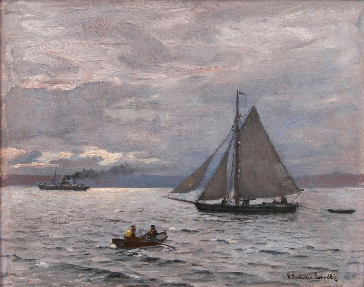 Anders Andersen-Lundby(Lundby 1841 - München 1923)Schiffe auf SeeÖl/Lw./Karton, 26,5 x 33,5 cm, r.