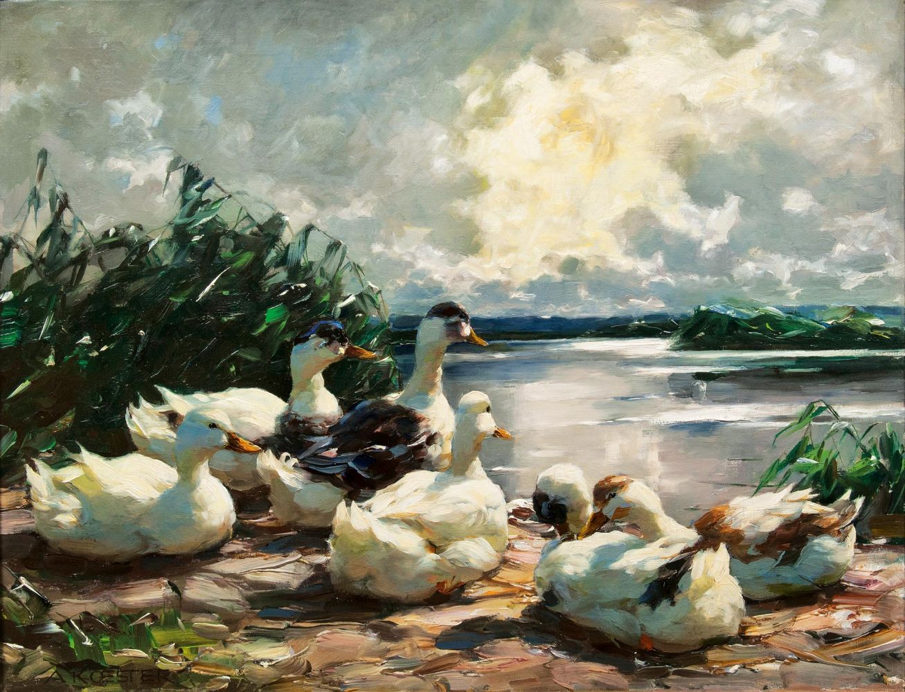 Alexander Koester(Bergneustadt 1864 - München 1932)Sechs ruhende EntenÖl/Lw, 56,5 x 76,5 cm, l. u.