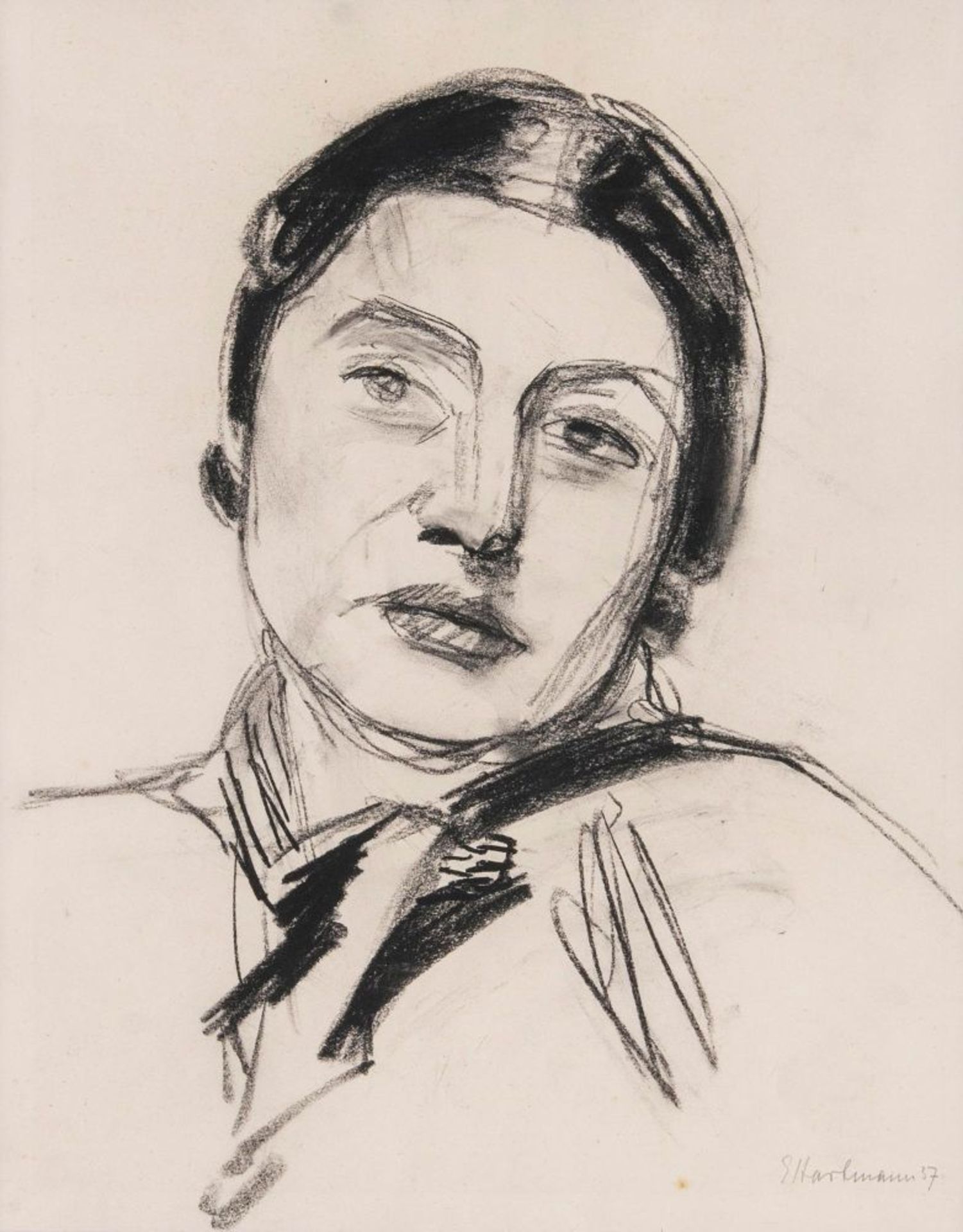 Erich Hartmann(Elberfeld 1886 - Hamburg 1974)Portrait von Lore Feldberg-EberKohlezeichnung, 46 x