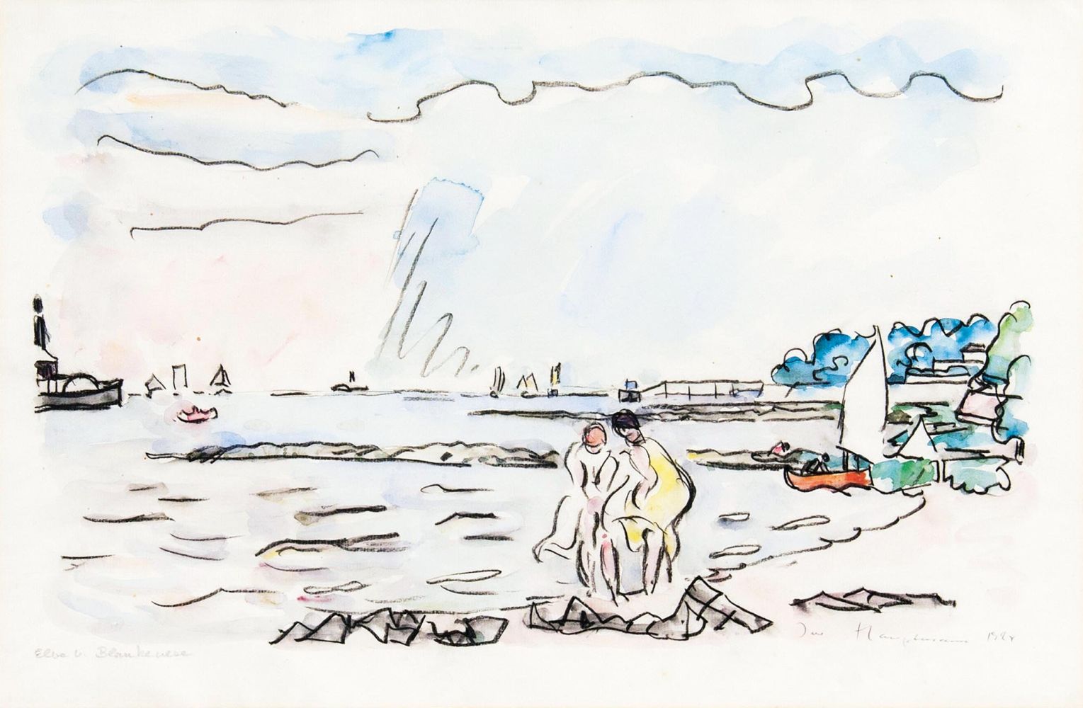 Ivo Hauptmann(Erkner 1886 - Hamburg 1973)Am ElbstrandAquarell, 30,5 x 47,5 cm, r. u. sign. und