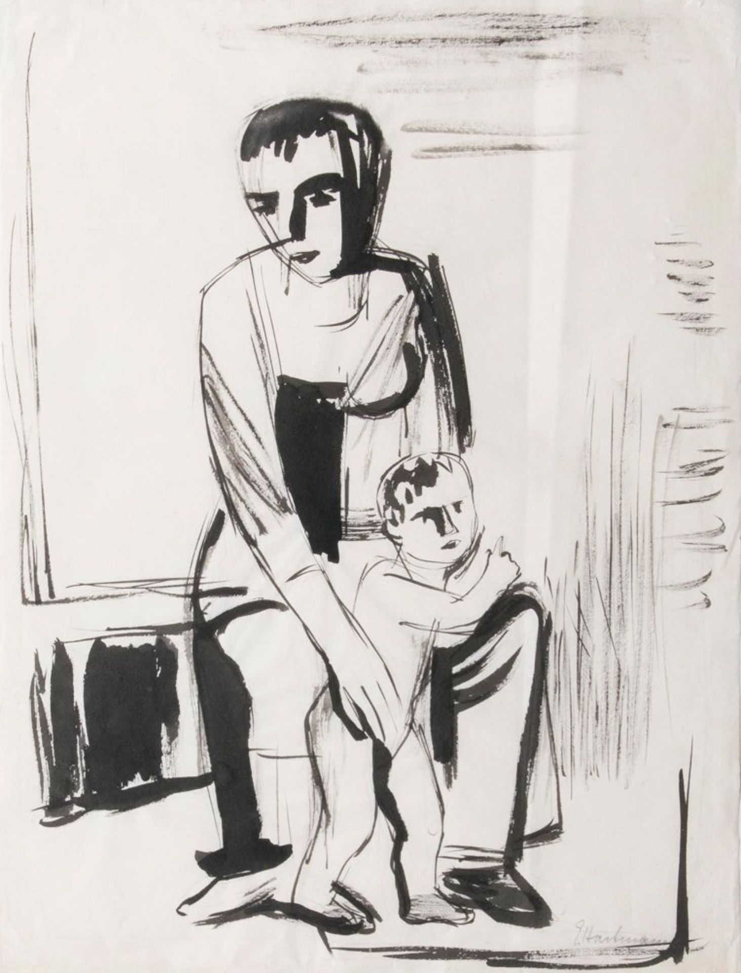 Erich Hartmann(Elberfeld 1886 - Hamburg 1974)Mutter und KindTuschzeichnung, 62,5 x 46,5 cm, r. u.
