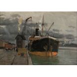 Victor Qvistorff(Aarhus 1883 - Kopenhagen 1953)Schiff am KaiÖl/Holz, 15 x 21 cm, l. u. sign. und