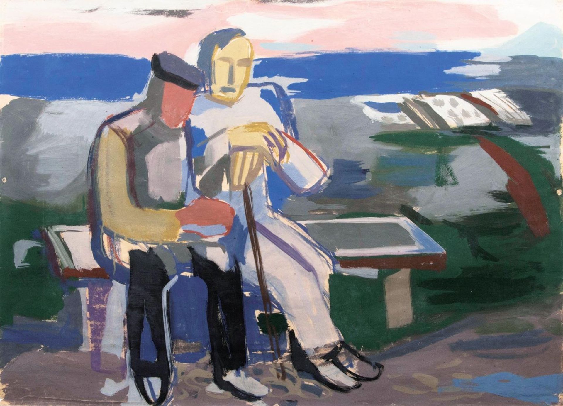 Erich Hartmann(Elberfeld 1886 - Hamburg 1974)Auf der BankUm 1935, Gouache, 61 x 86 cm, unter Glas