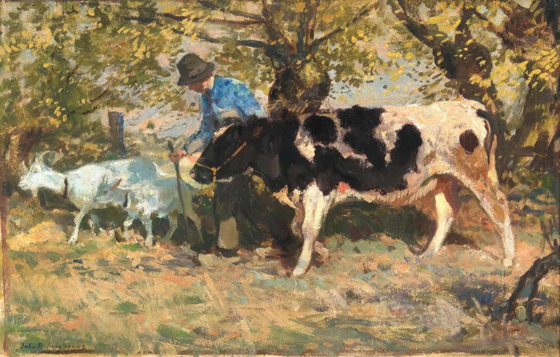 Julius Paul Junghanns(Wien 1876 - Düsseldorf 1958)Bauer mit Kuh und ZiegenÖl/Lw., 37 x 52 cm, l.
