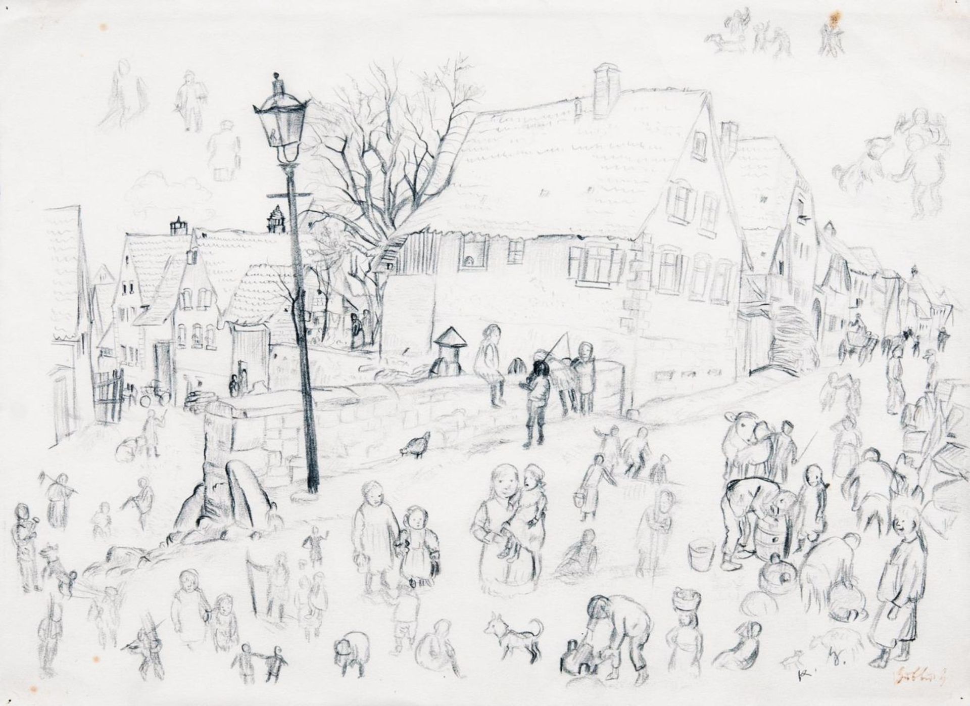 Karl Hubbuch(Karlsruhe 1891 - Karlsruhe 1979)Dorfplatz mit KindernBleistiftzeichnung, 30,5 x 41,5