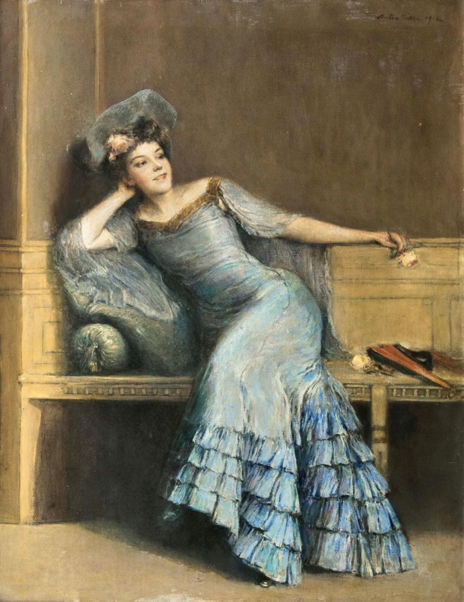 Anton Hille(Dresden 1866 - Dresden 1921)Eleganz in BlauÖl/Lw., 74,5 x 56,5 cm, r. o. sign. und