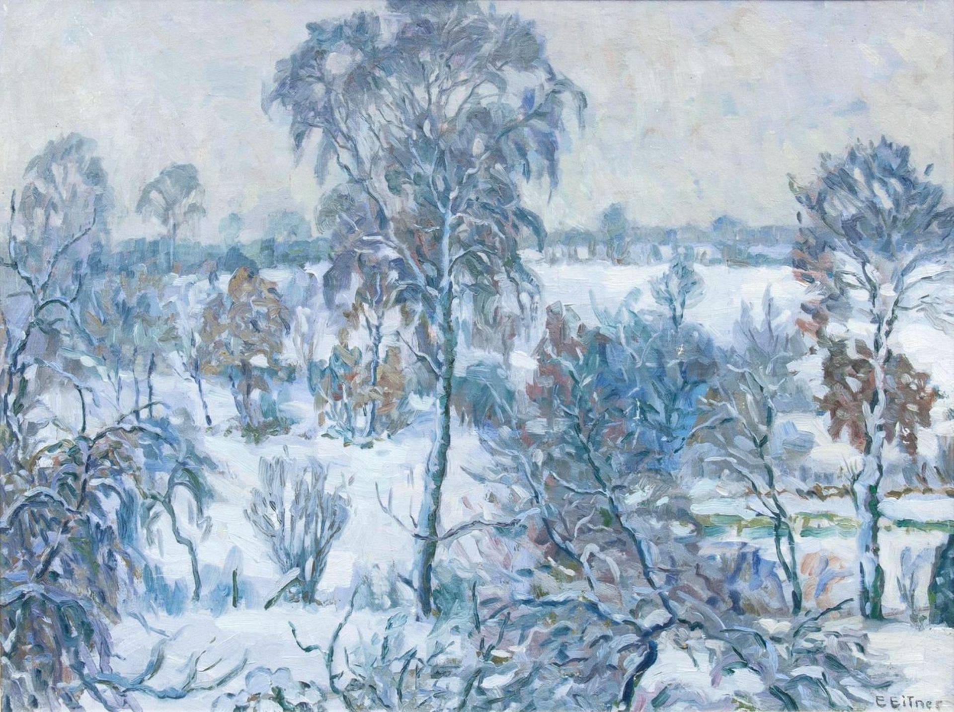 Ernst Eitner(Hamburg 1867 - Hamburg 1955)Winter in HummelsbüttelUm 1910, Öl/Lw., 57,5 x 73 cm, r. u.