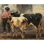 Heinrich von Zügel(Murrhardt/Württ. 1850 - München 1941)Bauer mit Kuh und KalbÖl/Karton, 50 x 60 cm,