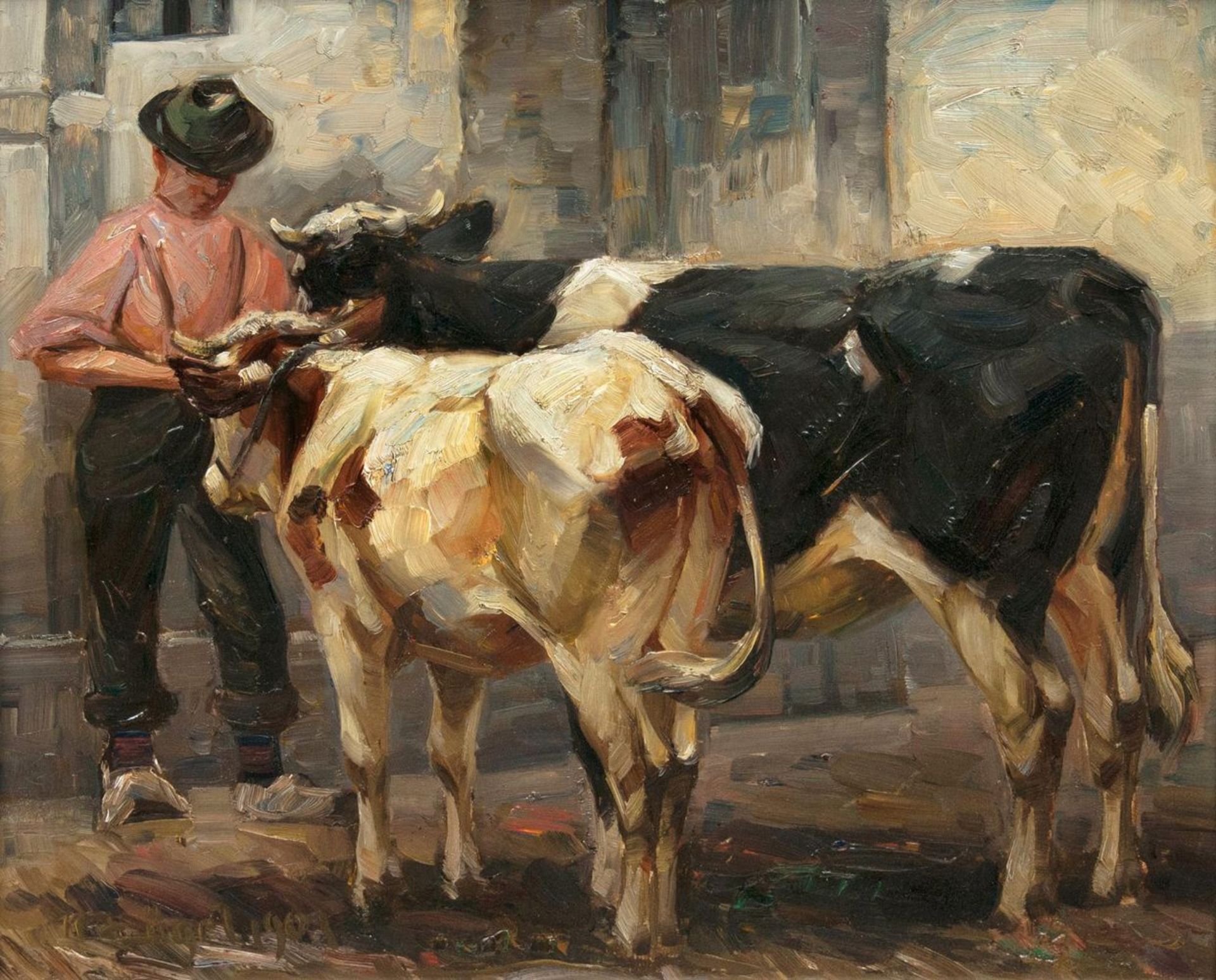 Heinrich von Zügel(Murrhardt/Württ. 1850 - München 1941)Bauer mit Kuh und KalbÖl/Karton, 50 x 60 cm,
