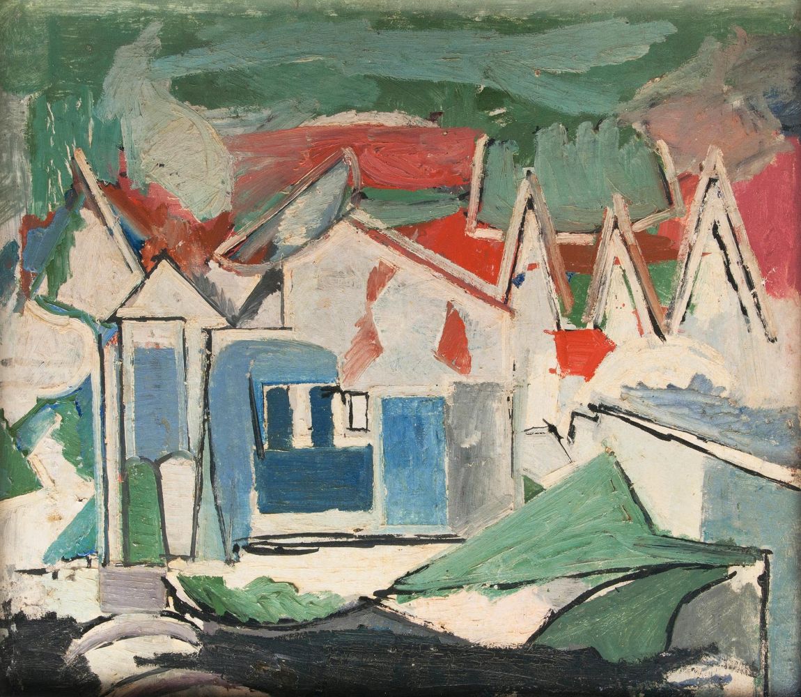 Heiner Malkowsky(Rosenberg 1920 - Hannover 1989)Landschaft mit GiebelnÖl/Hartfaser, 82,5 x 99 cm, r.