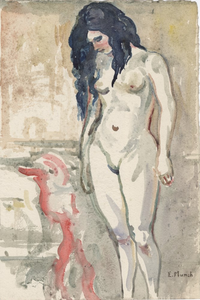 EDVARD MUNCH - Naken kvinne ved sengen - Watercolor on paper