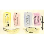 ANDY WARHOL - Bottles, Can, Fruit - Watercolor and ink drawing on paper