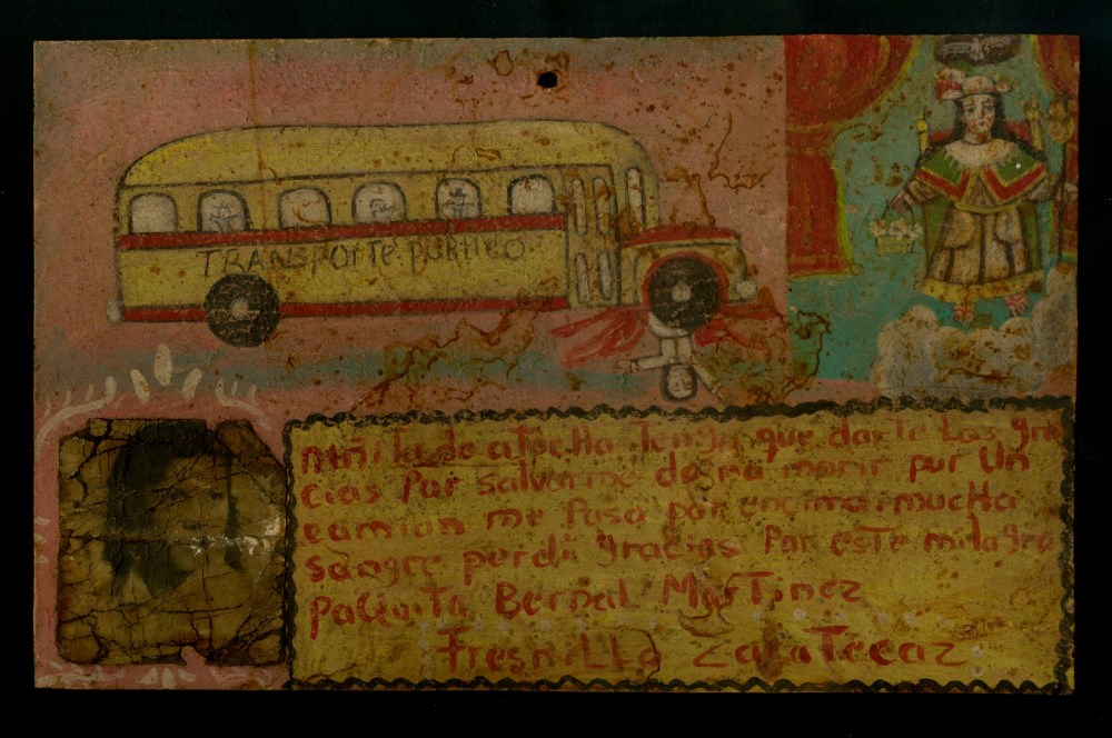 MEXICAN SCHOOL (EX-VOTO ARTIST) 20TH CENTURY - Vintage Ex-Voto/Retablo: Transporte Publico - Oil ...